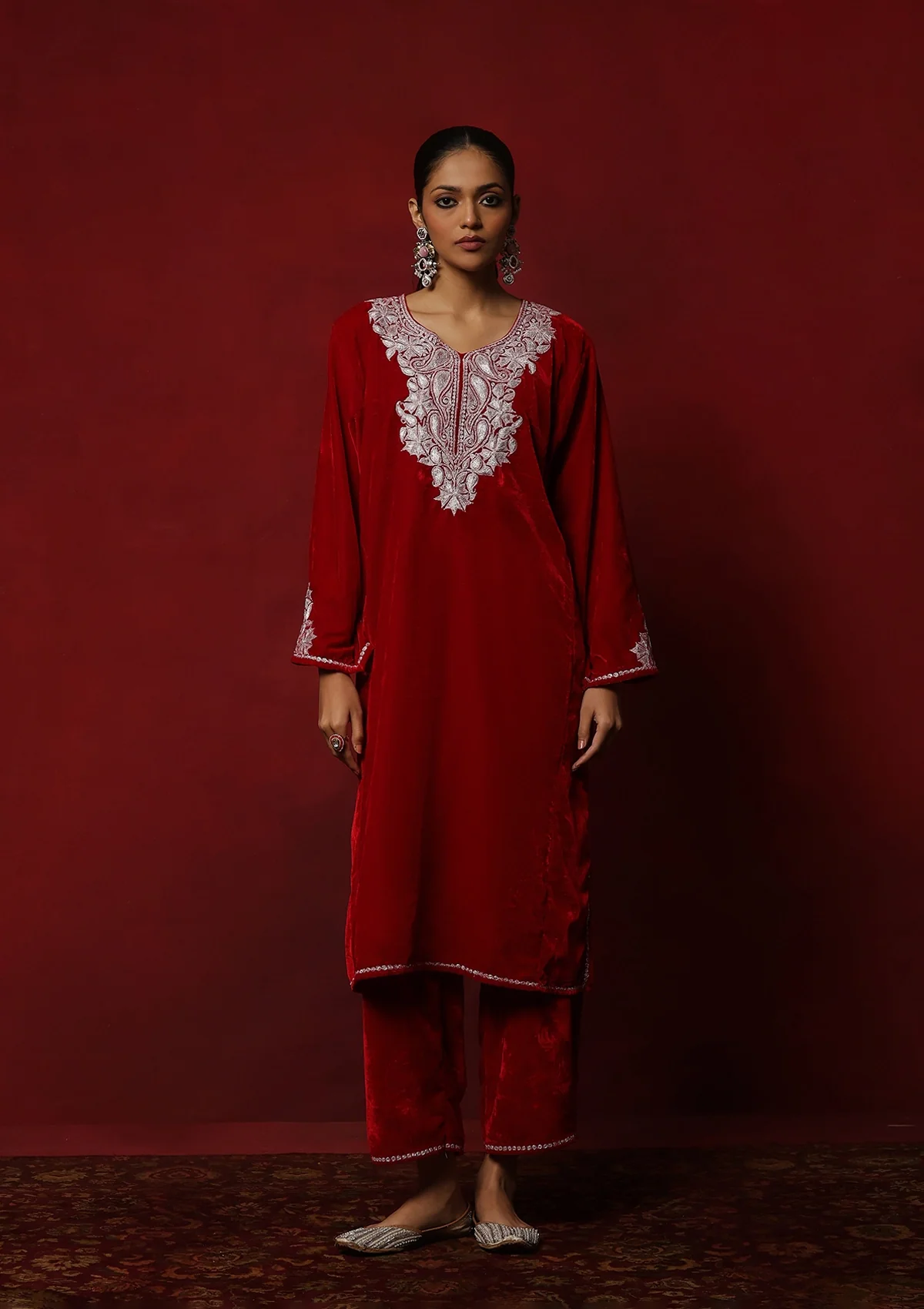 HOC Kashmiri Velvet Tilla Embroidered Solid Women's 2 PC Phiran Set -Red - Healthber
