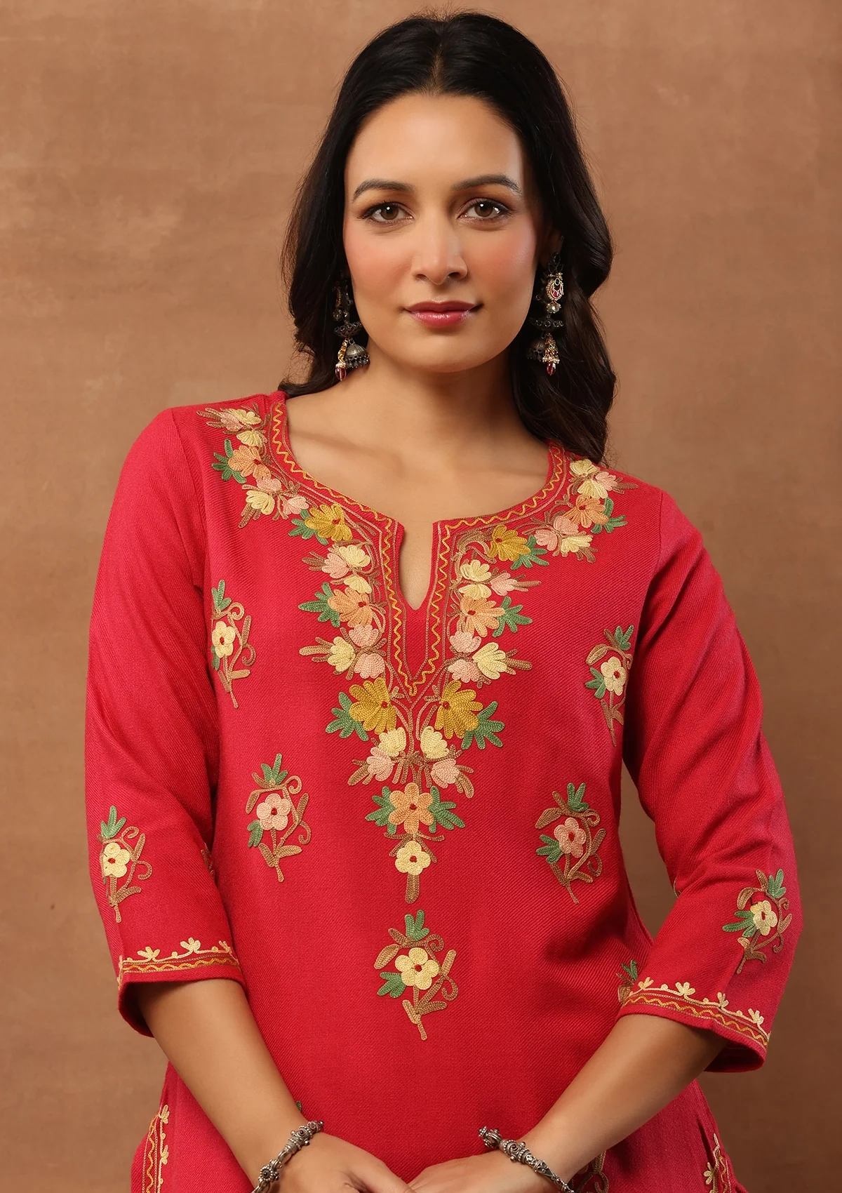 HOC Aari Embroidered Woollen Solid Women's Short Kurta - Pink - Healthber