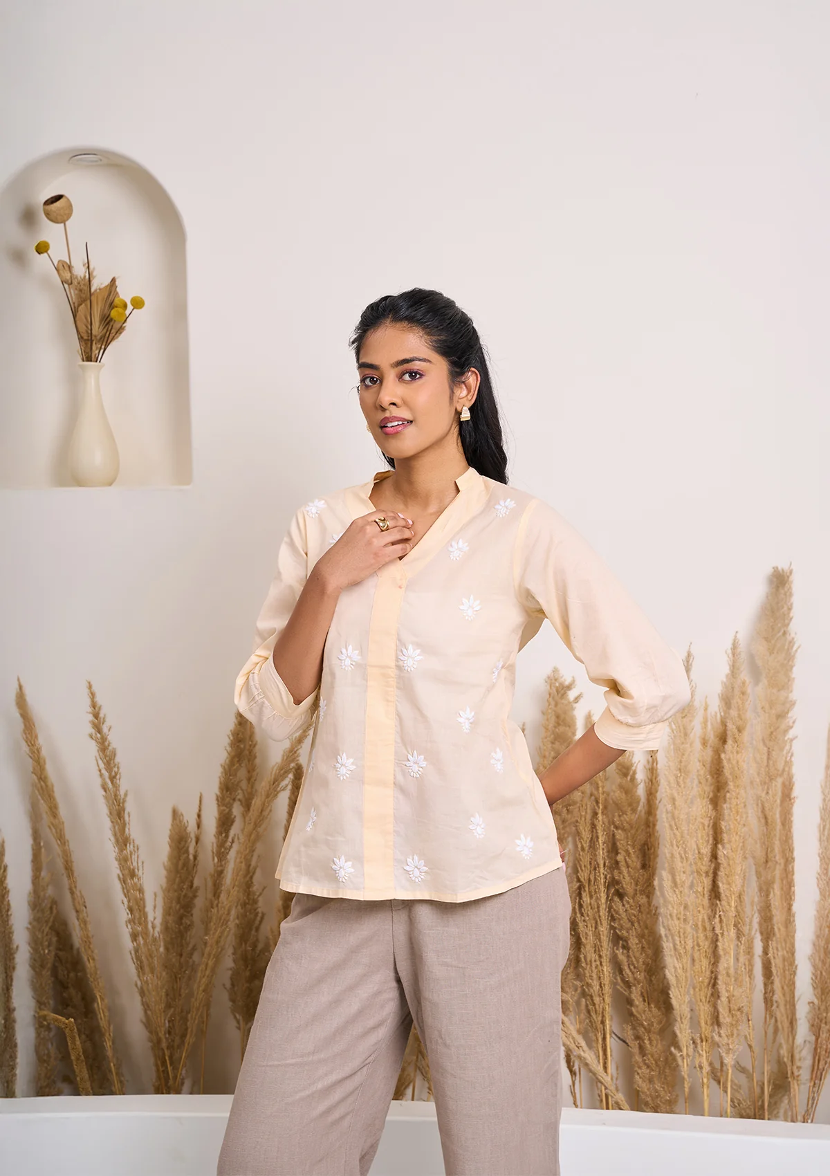 HOC Cotton Chikankari Solid Women's Top - Beige - Healthber