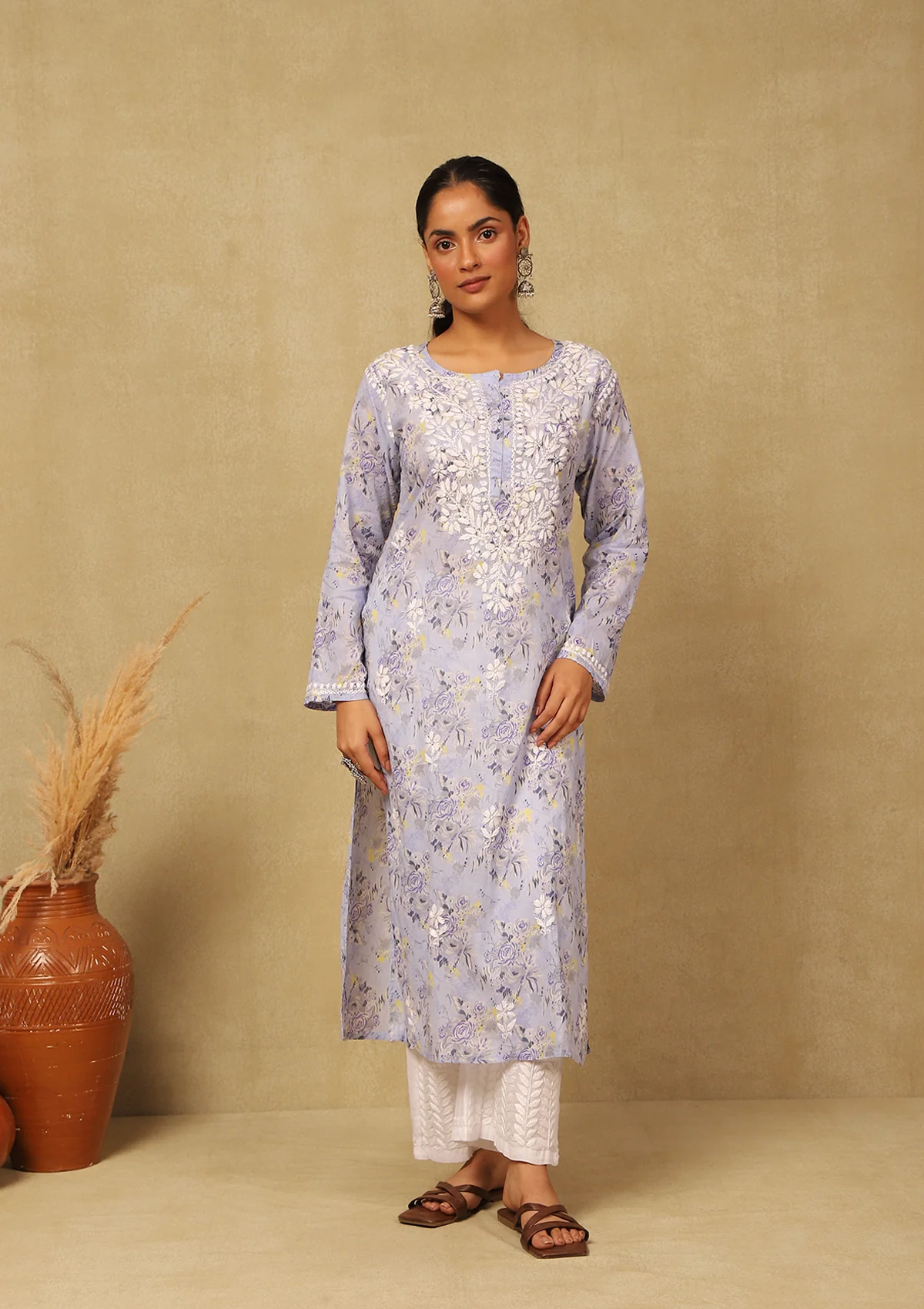 HOC Mulmul Chikankari Printed Women's Long Kurta -Lavender - Healthber