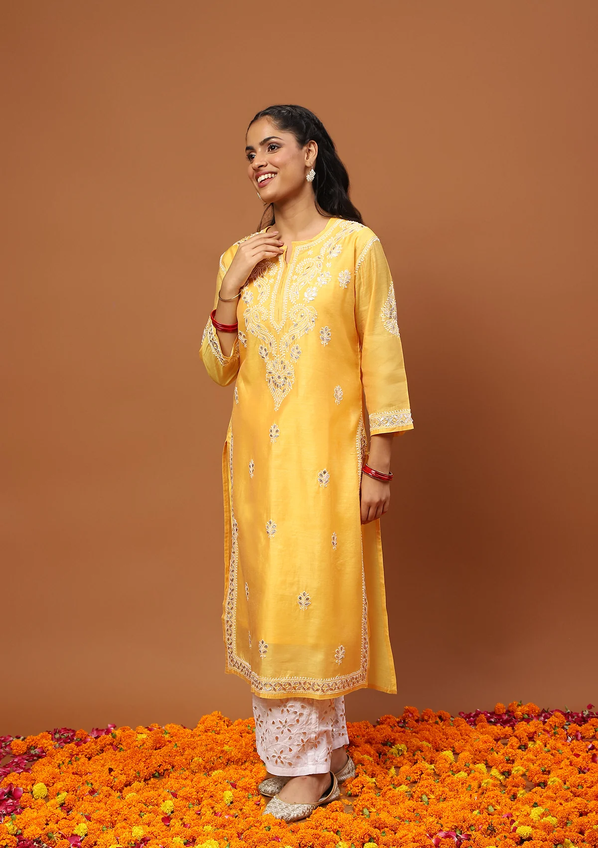 HOC Chanderi Chikankari Gota Work Solid Women's 4 PC Long Kurta Set -Mustard - Healthber