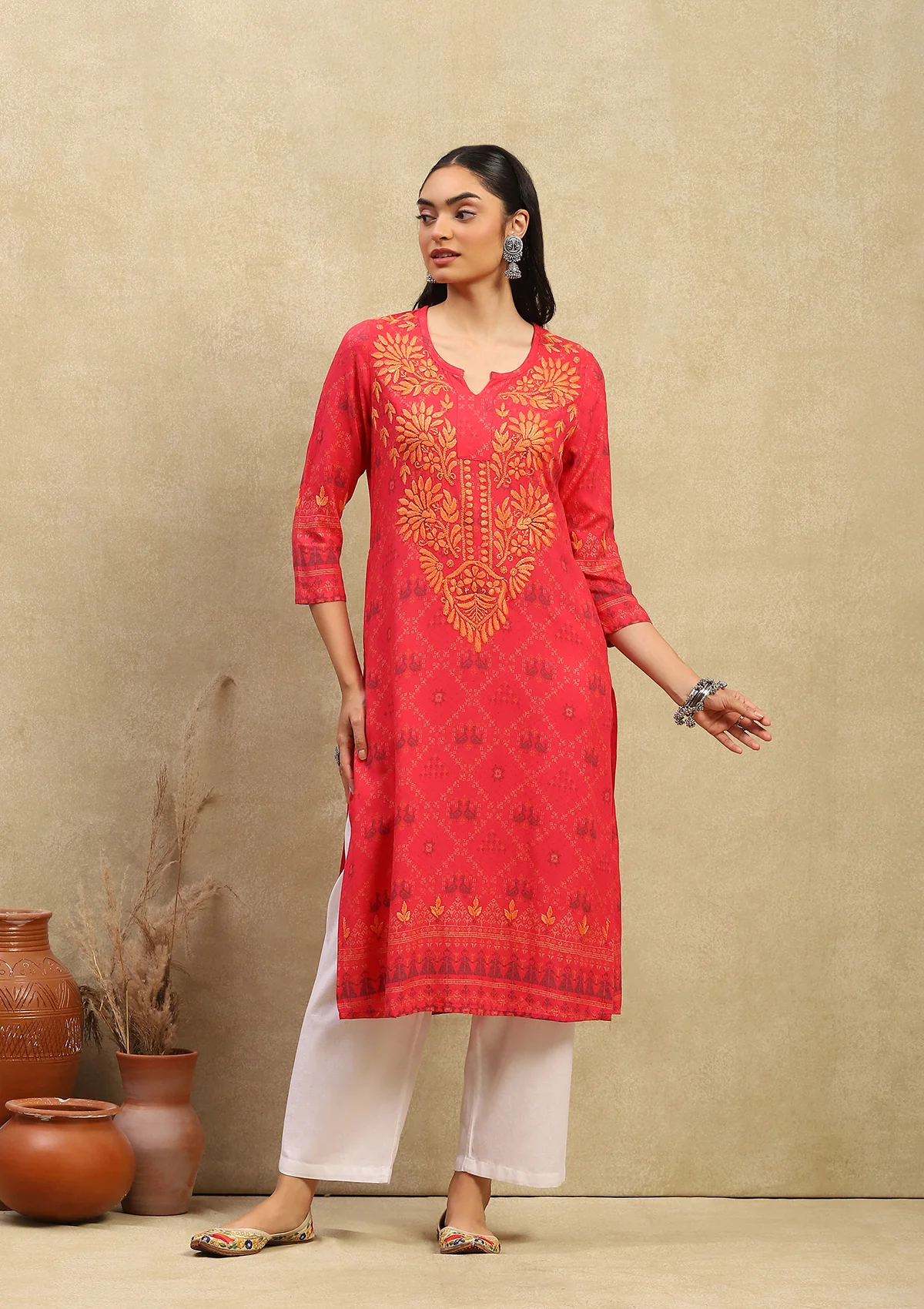 HOC Rayon Dobby Chikankari Printed Women's Long Kurta - Dark Pink - Healthber