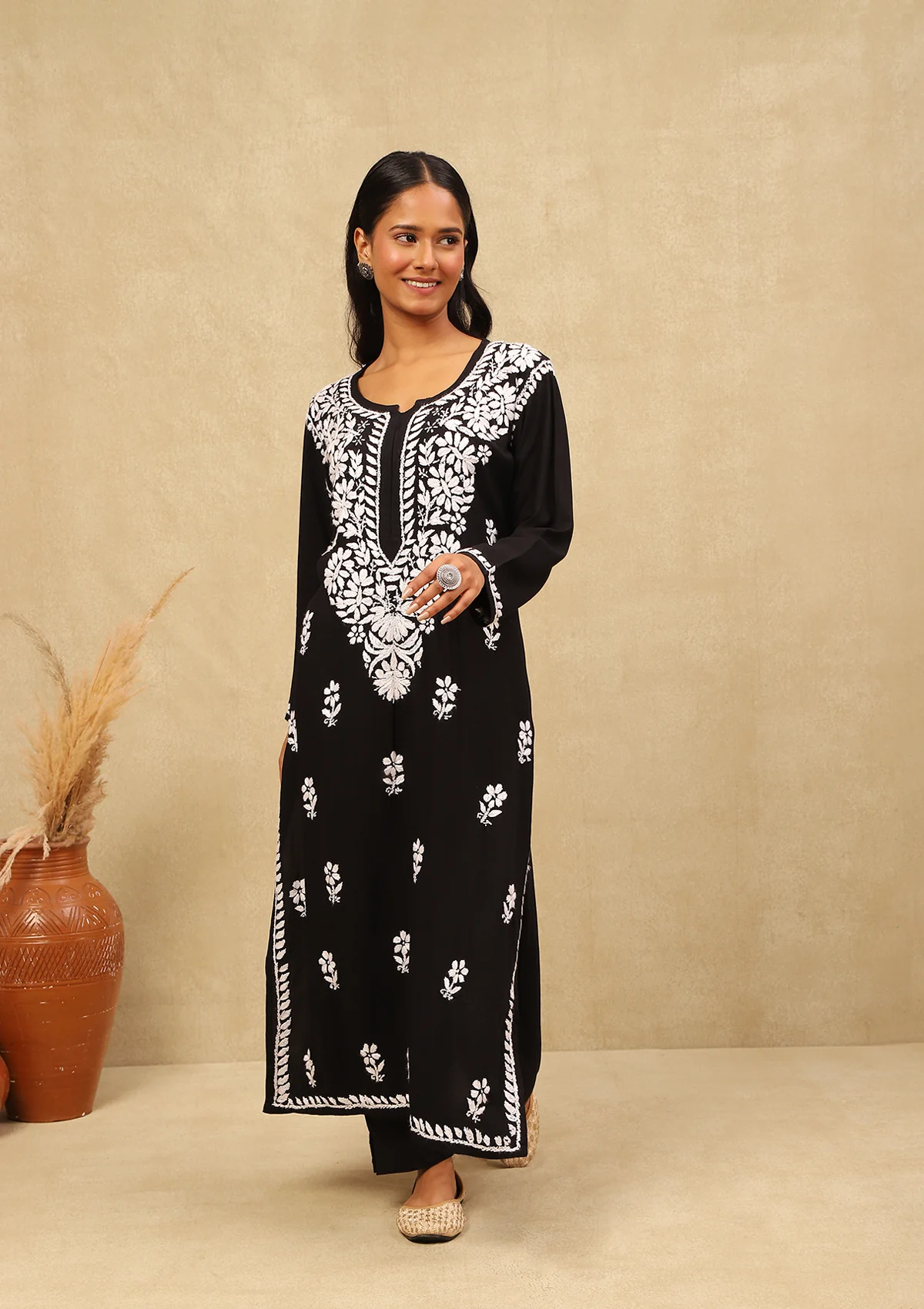 HOC Rayon Chikankari Solid Women's Long Kurta -Black - Healthber