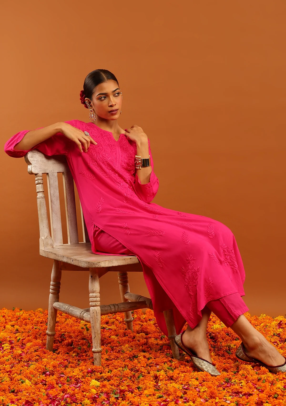 HOC Rayon Chikankari Solid Women's Long Kurta-Dark Pink - Healthber