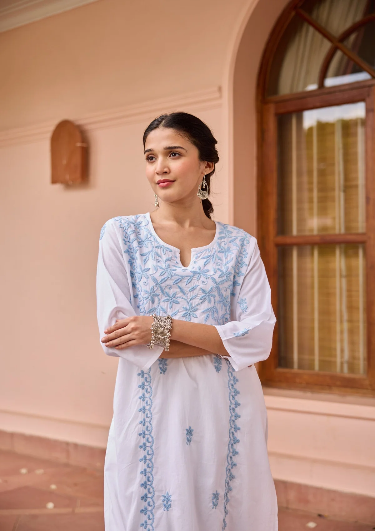 HOC Cotton Chikankari Solid Women's Long Kurta - White - Healthber