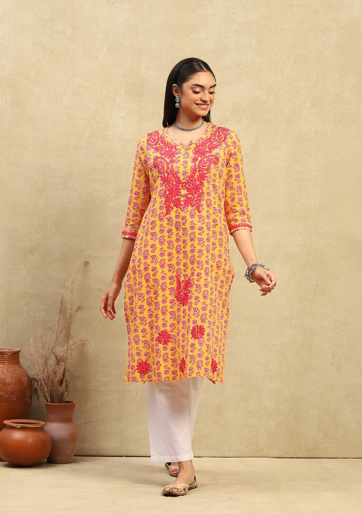 HOC Cotton Chikankari Printed Women's Long Kurta - Mustard Yellow - Healthber