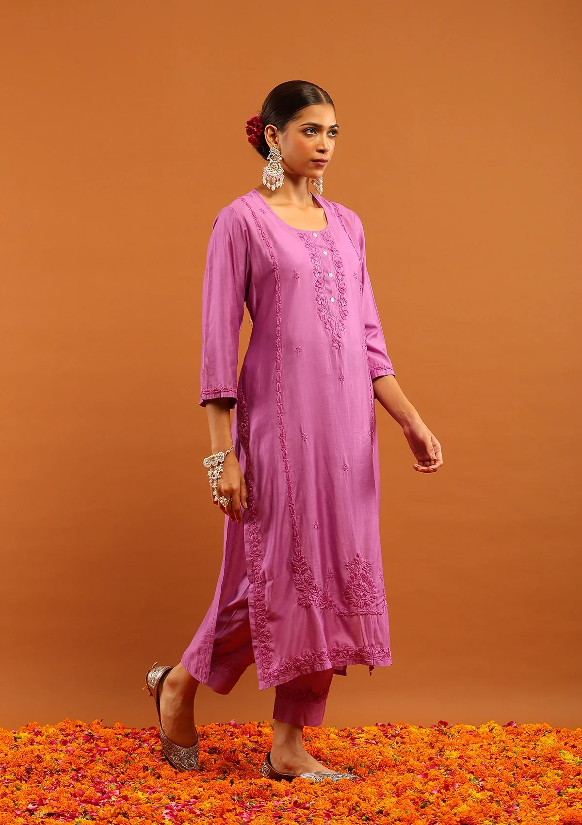 HOC Chanderi Chikankari Solid Women's 2 PC Long Kurta Set - Purple - Healthber