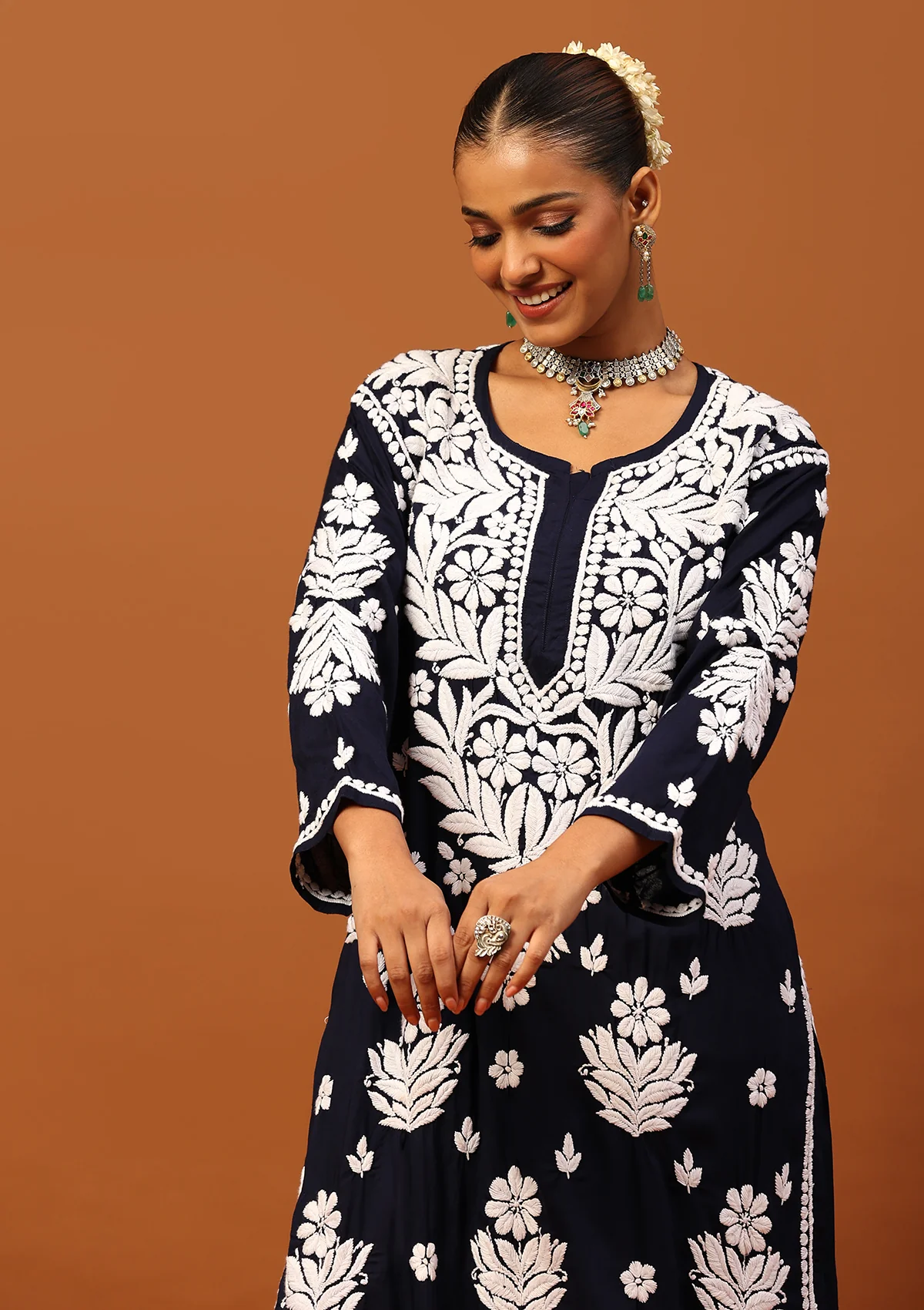 HOC Modal Chikankari Solid Women's 2 PC Long Kurta Set -Black - Healthber