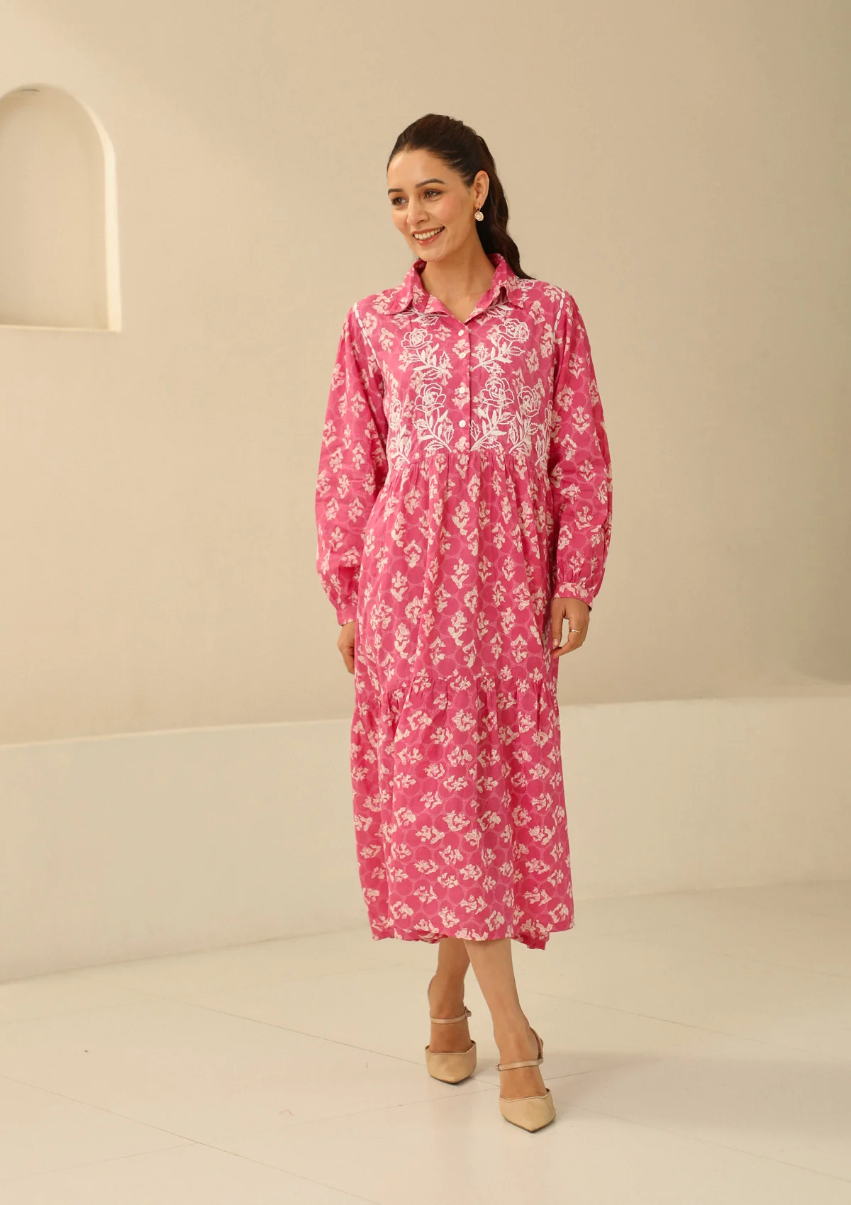 HOC Cotton Chikankari Printed Women's Long Dress - Pink - Healthber