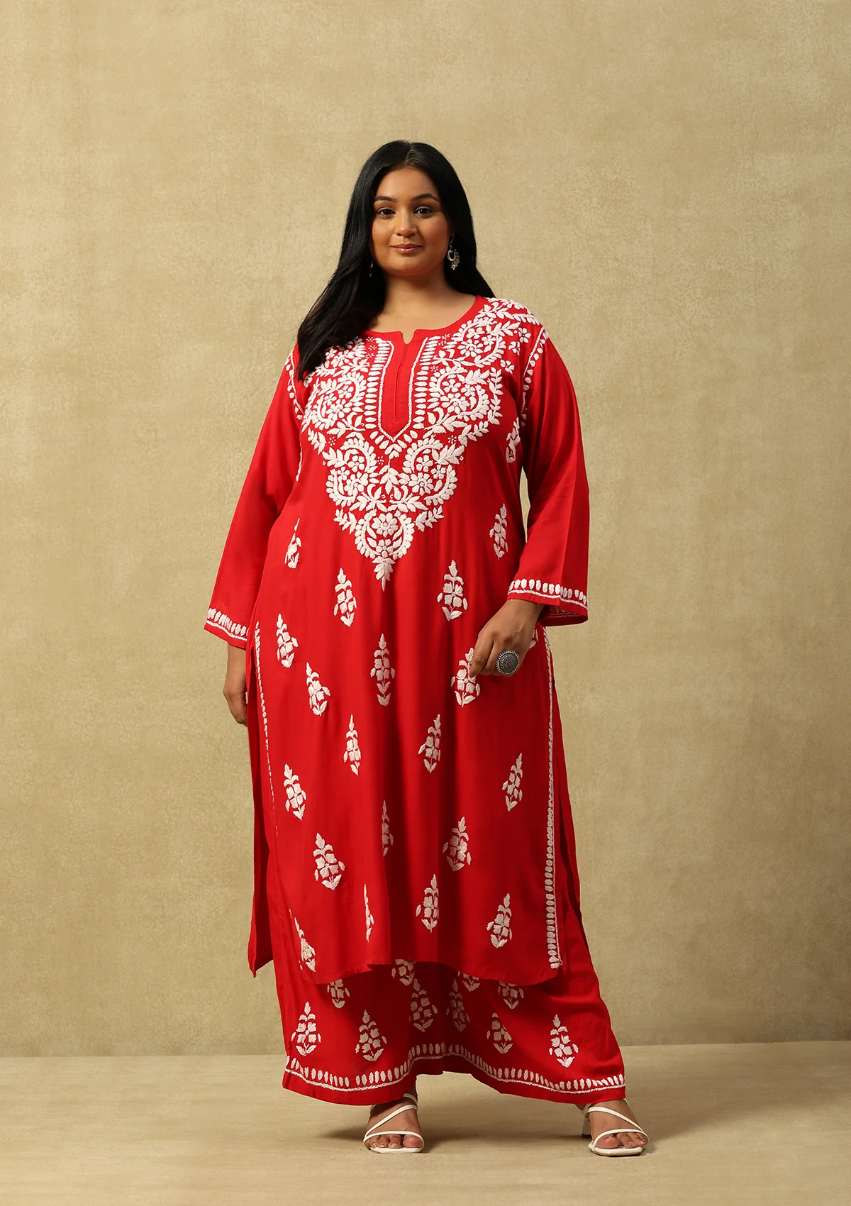 HOC Rayon Chikankari Solid Women's 2 PC Long Kurta Set-Red - Healthber