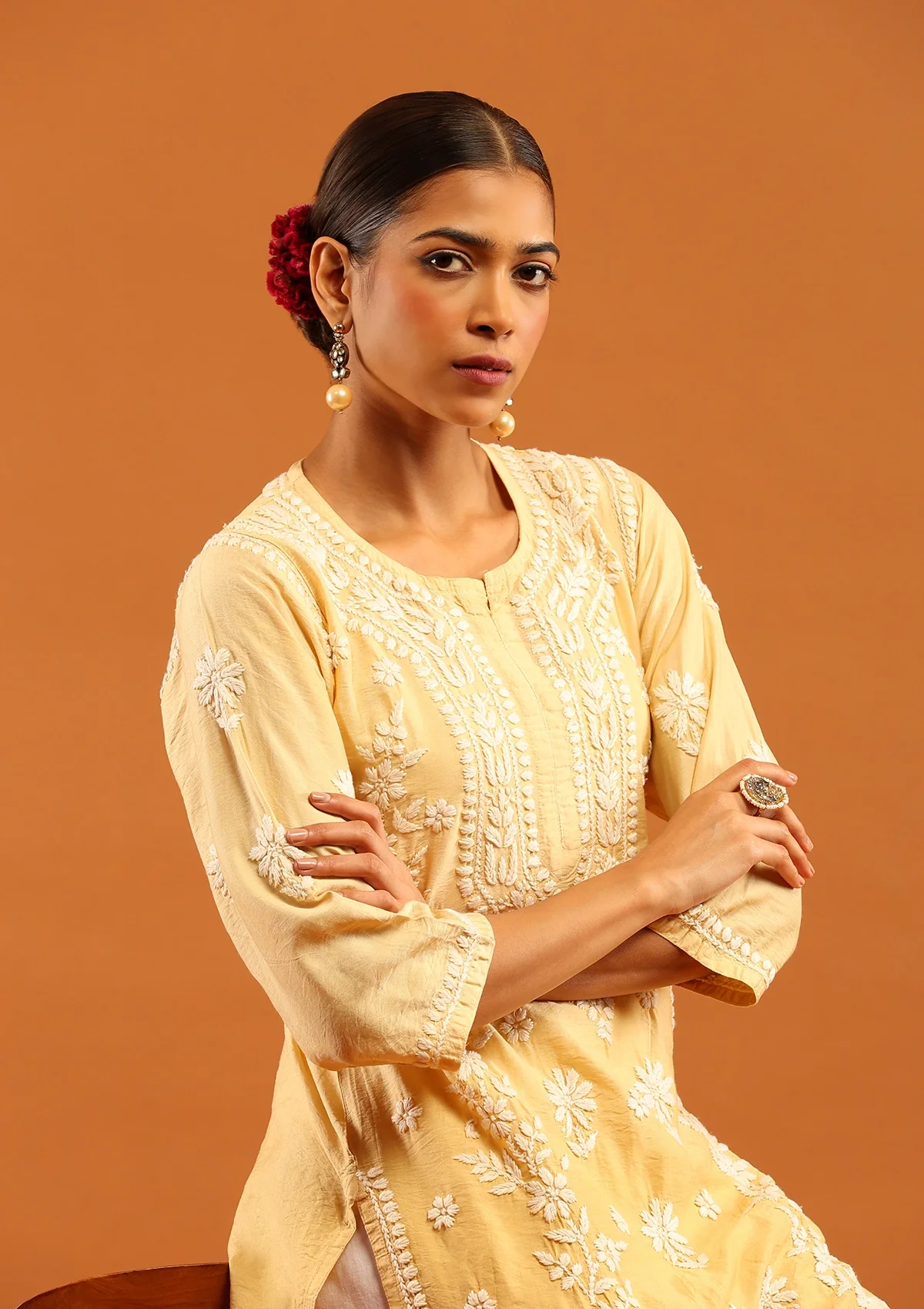 HOC Chanderi Chikankari Solid Women's Long Kurta-Light Yellow - Healthber