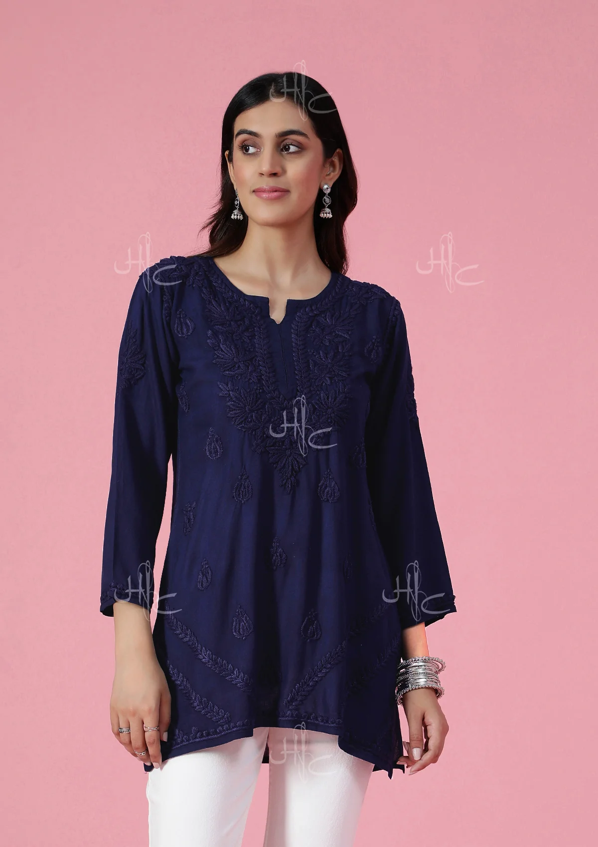HOC Rayon Chikankari Solid Women's Short Kurta - Navy Blue - Healthber