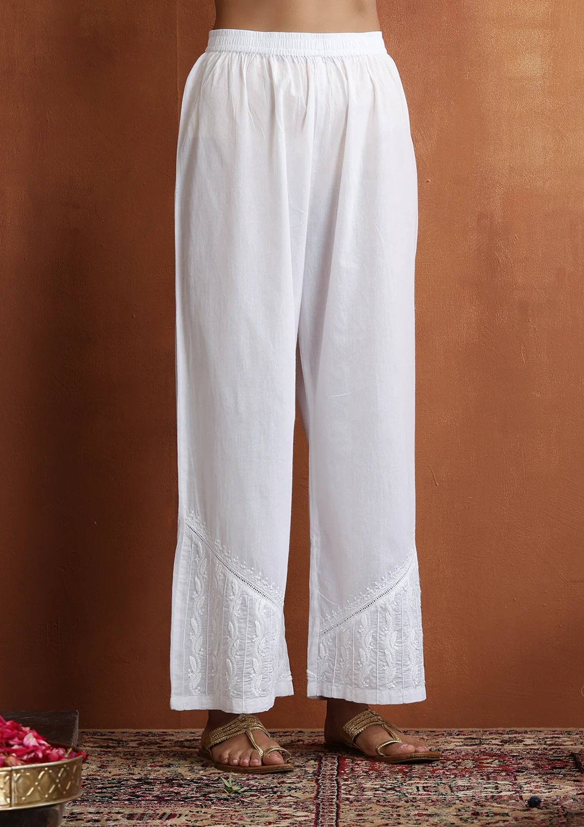 HOC Cotton Chikankari Solid Women's Palazzo With Lace - White - Healthber