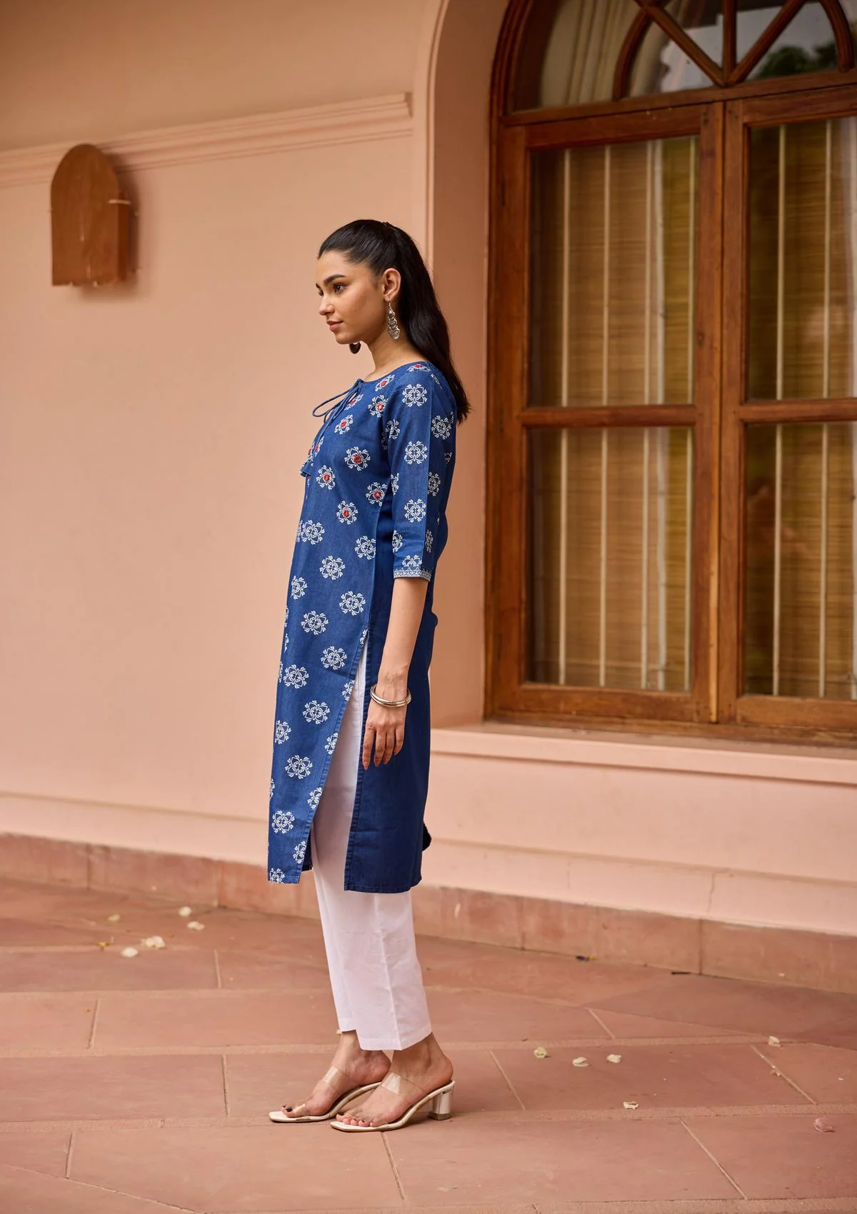 HOC Mirror Work Denim Printed Women's Straight Kurta - Blue - Healthber