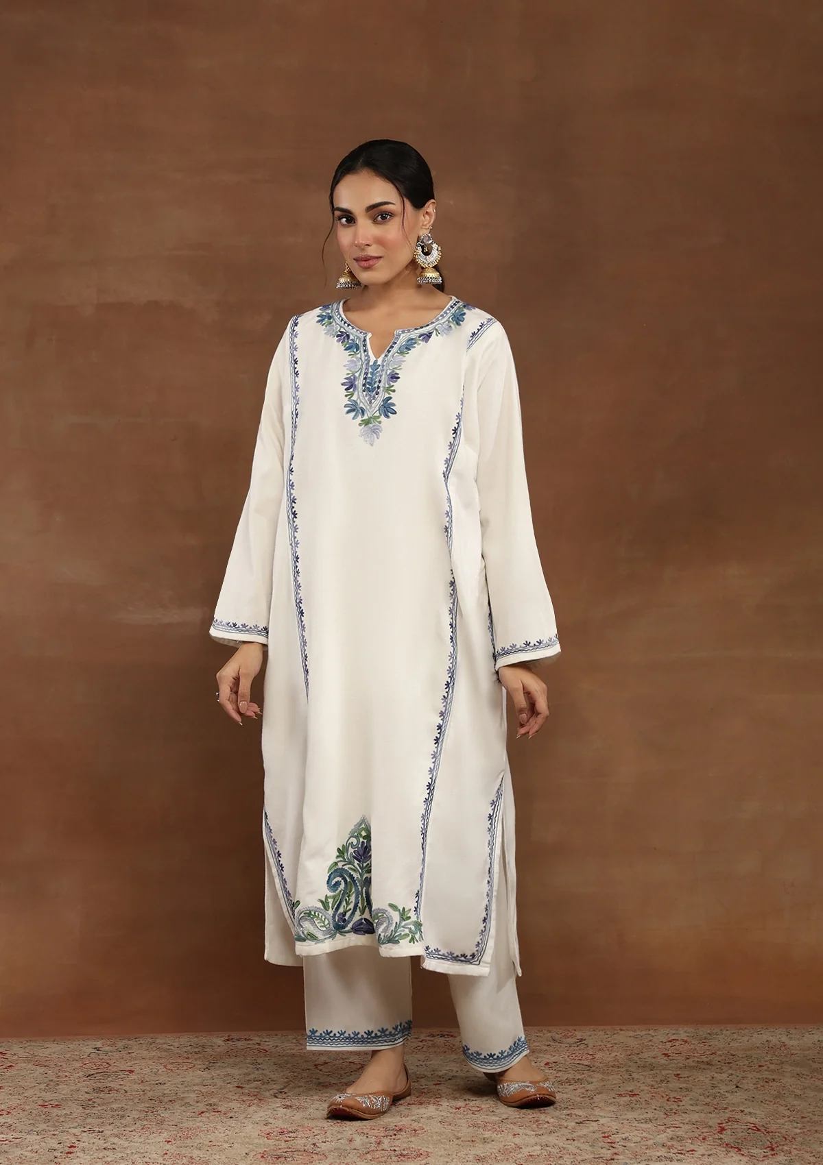 HOC Crafts Kashmiri Wool Aari Embroidered Solid Women's 2 PC Phiran Set -White - Healthber
