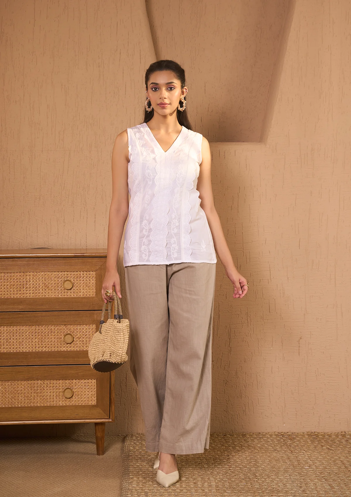 HOC Cotton Chikankari Solid Women's Top With Crochet Lace & Schiffli Work-White - Healthber