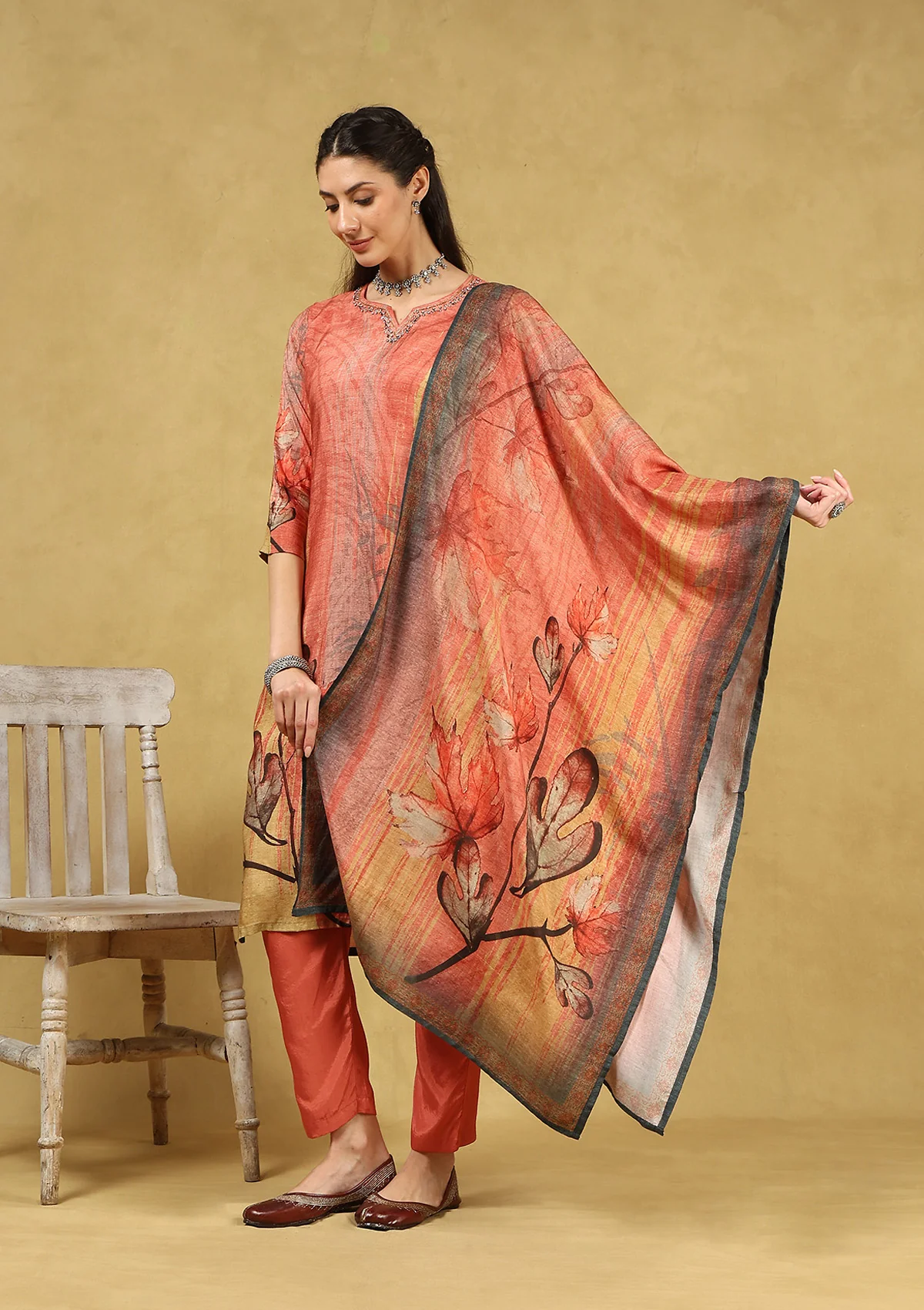 HOC Hand Embellished Muslin Printed Women's 3 PC Long Kurta Set with Dupatta - Rust - Healthber