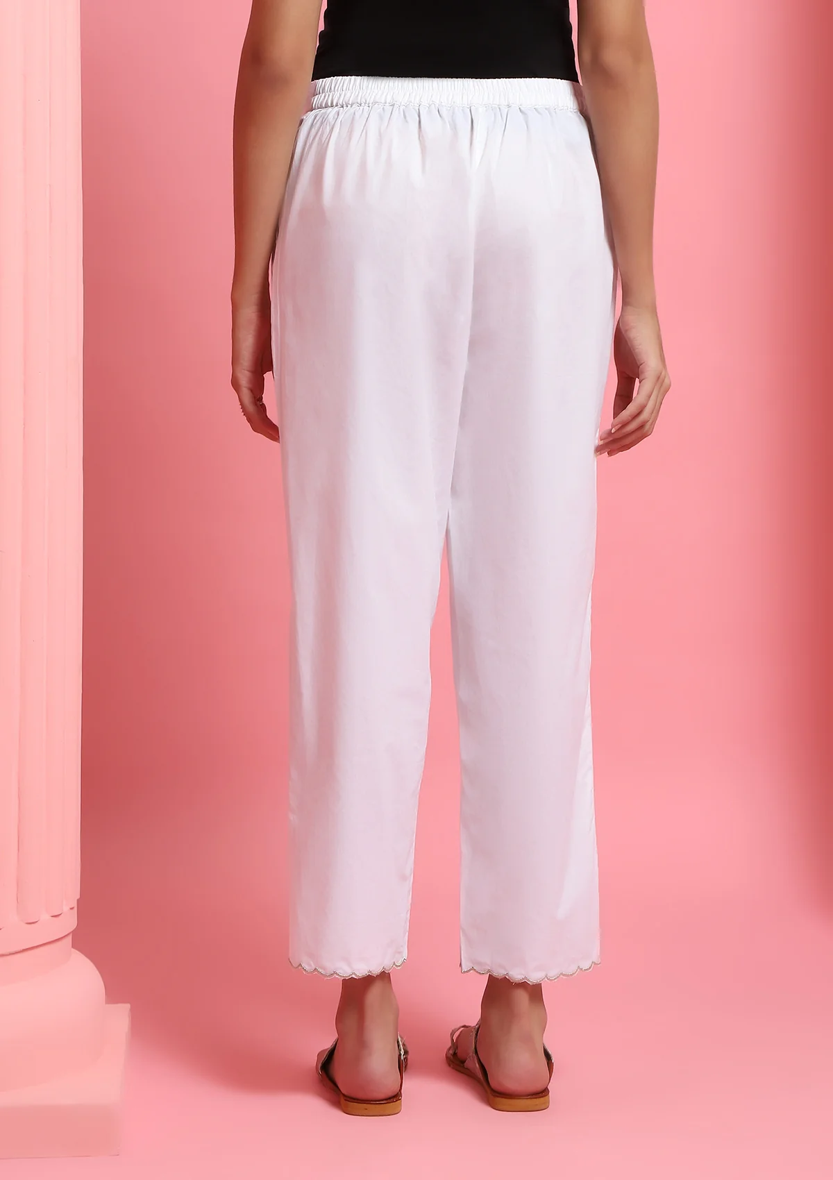 HOC Cotton Scalloped With Golden Zari Solid Women's Pants - White - Healthber