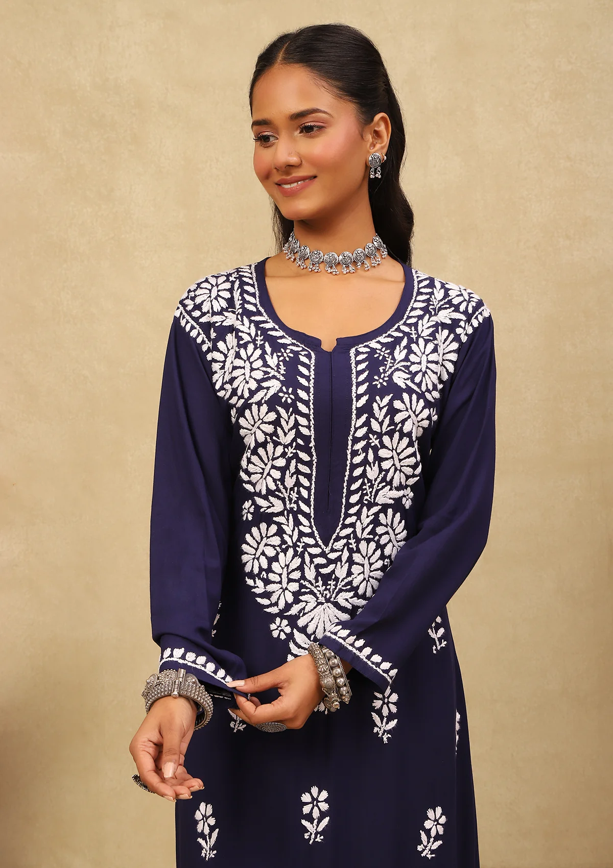 HOC Rayon Chikankari Solid Women's Long Kurta -Navy Blue - Healthber