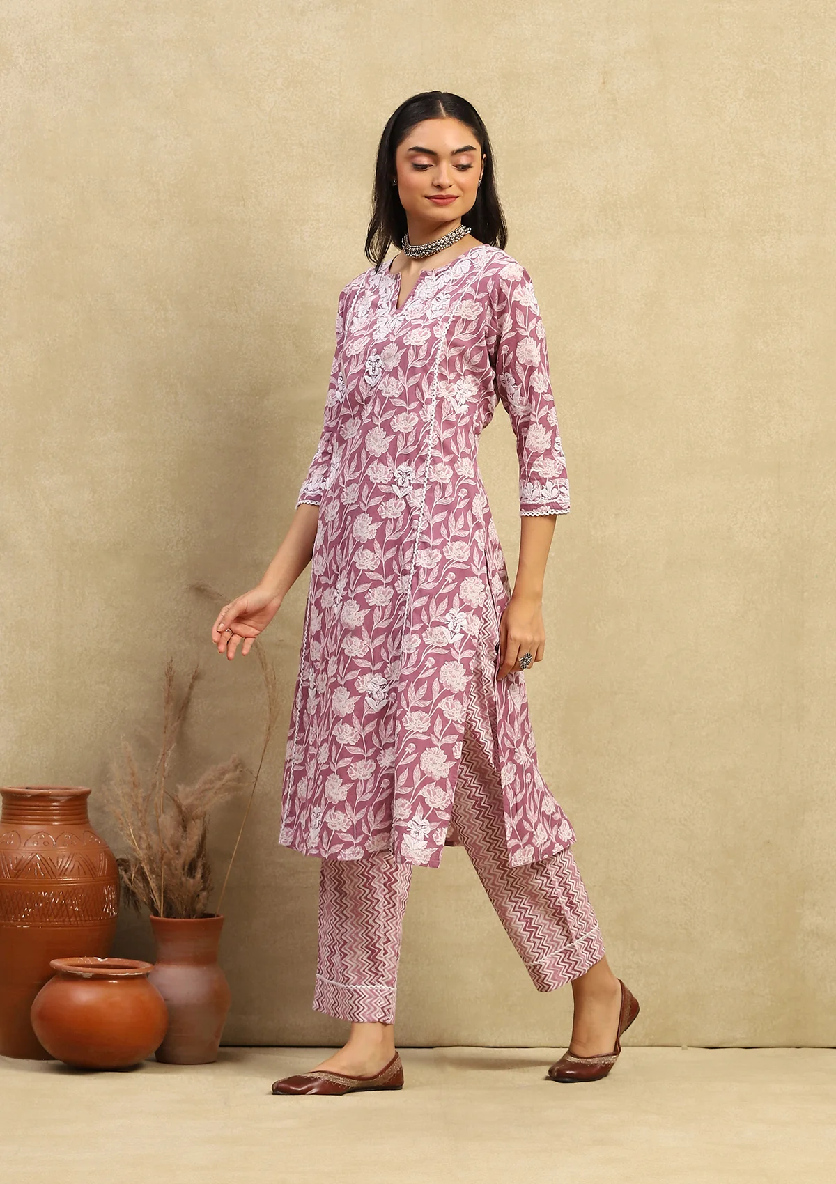 HOC Cotton Chikankari Printed Women's 2PC Long Kurta Set - Purple - Healthber