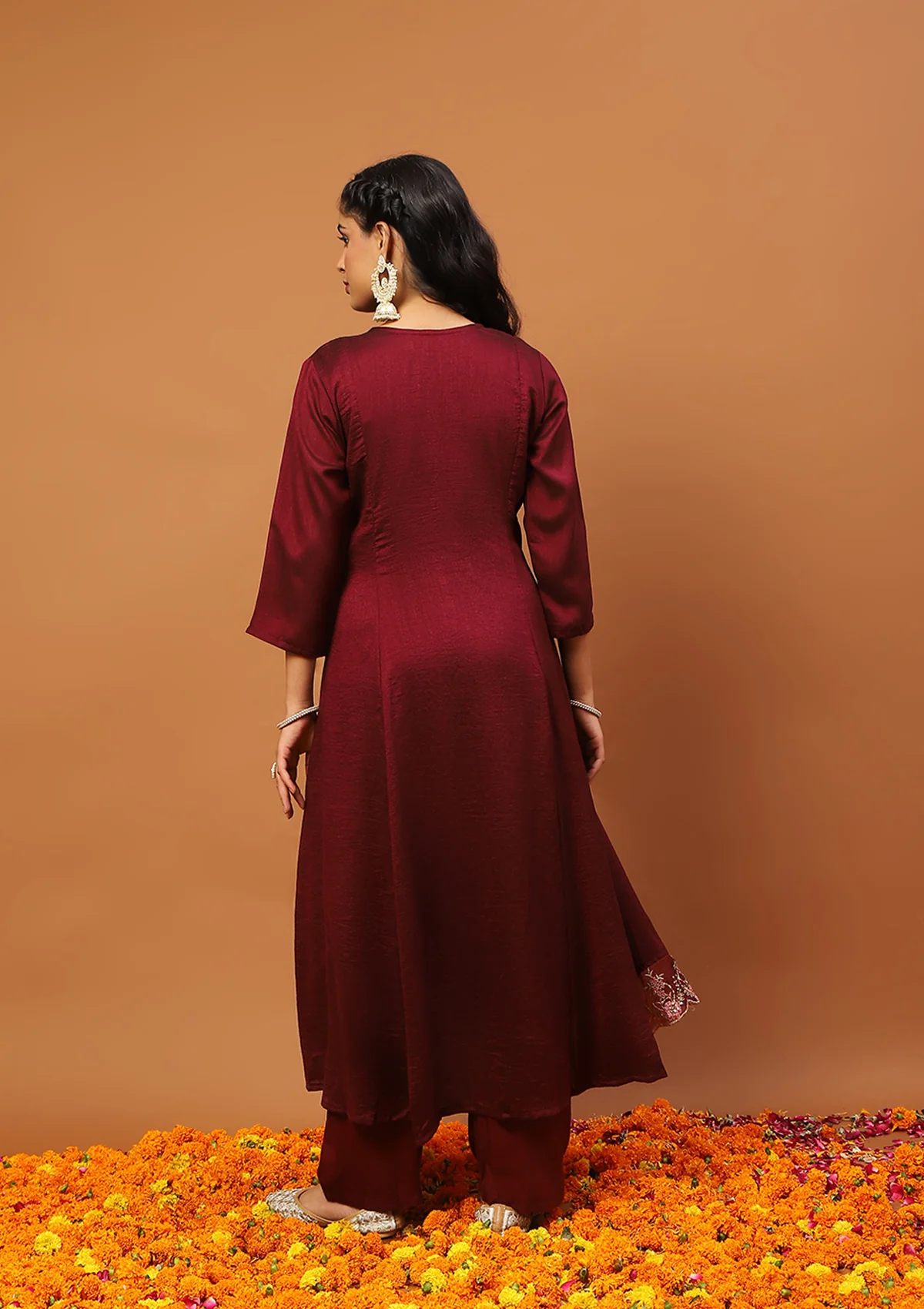 HOC Silk Blend Zari Embroidered With Sequins Solid Women's 3 PC Anarkali Kurta Set-Maroon - Healthber