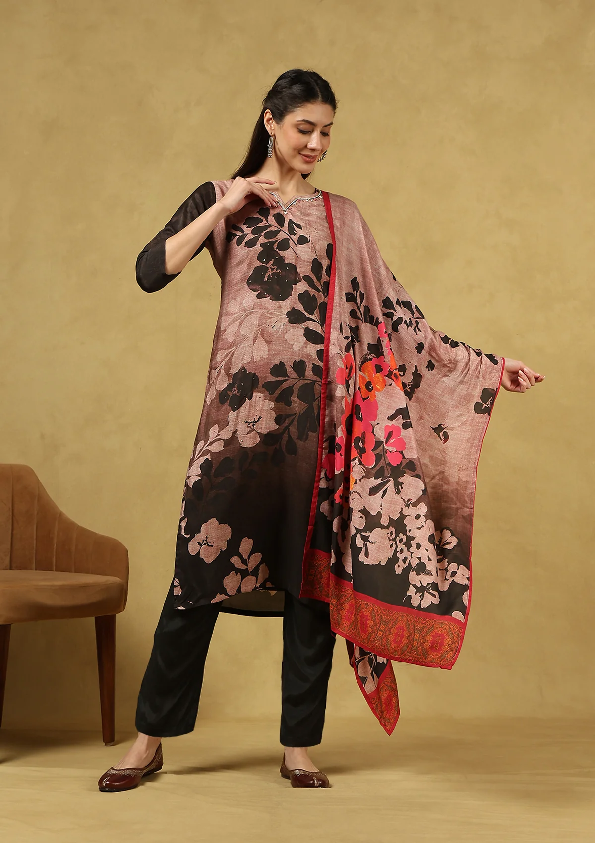 HOC Hand Embellished Muslin Printed Women's 3 PC Long Kurta Set with Dupatta - Black - Healthber