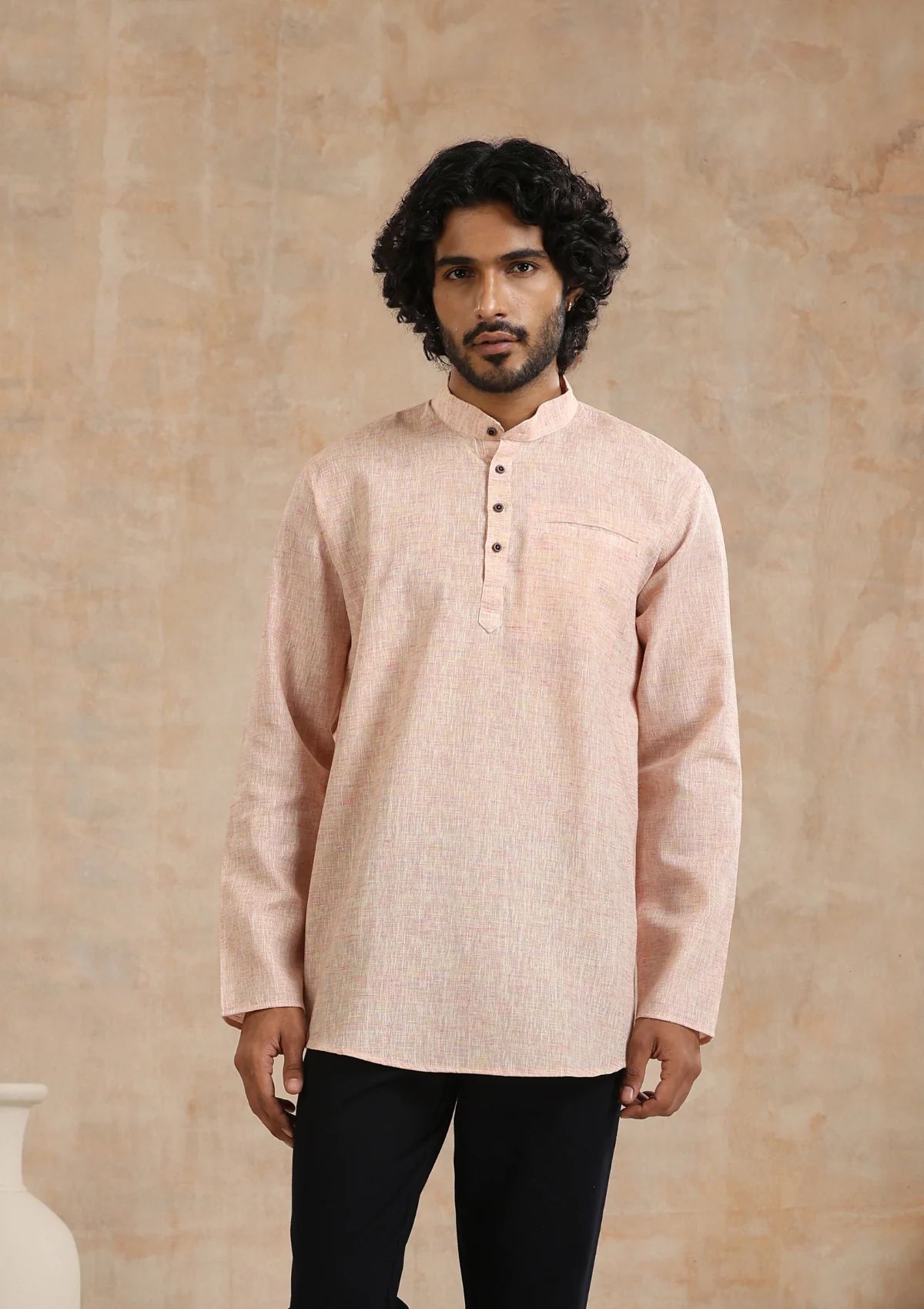 HOC Poly Cotton Solid Men's Short Kurta - Pink - Healthber