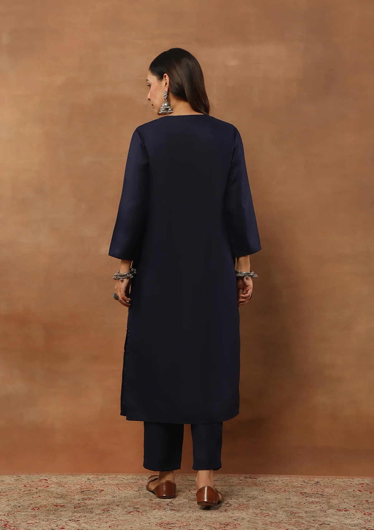 HOC Aari Woollen Straight Kurta Set with Dupatta-Blue - Healthber