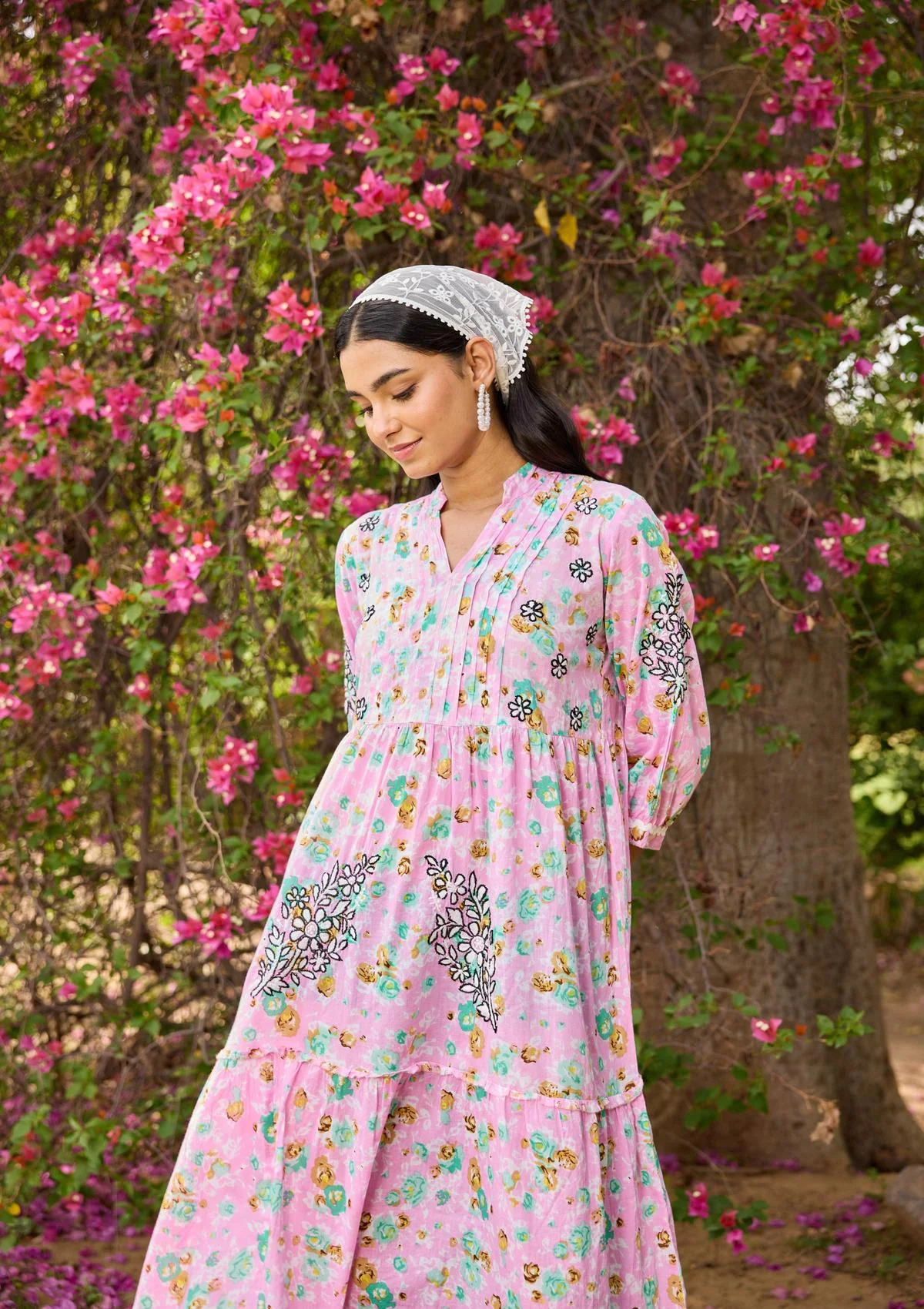 HOC Mulmul Chikankari Printed Women's Long Dress - Pink - Healthber