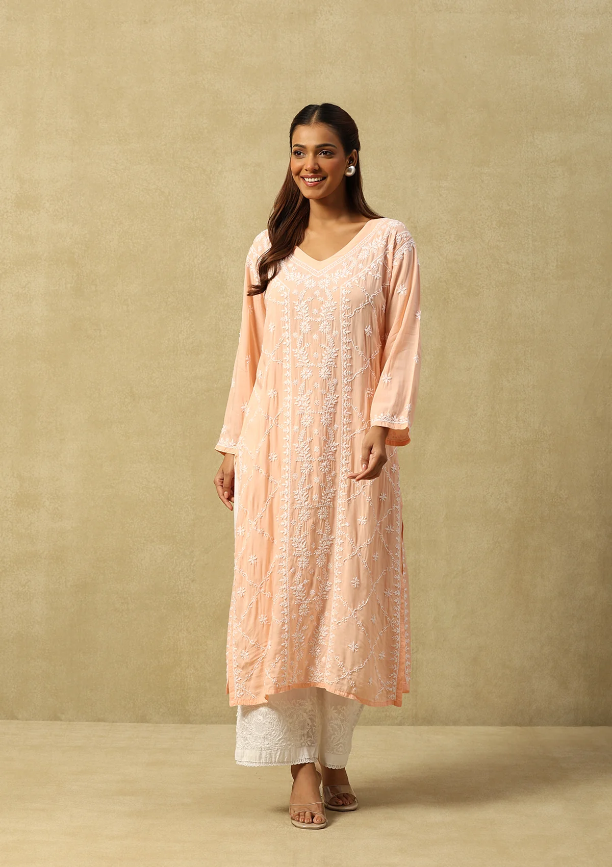 HOC Modal Chikankari Solid Women's Long Kurta -Peach - Healthber