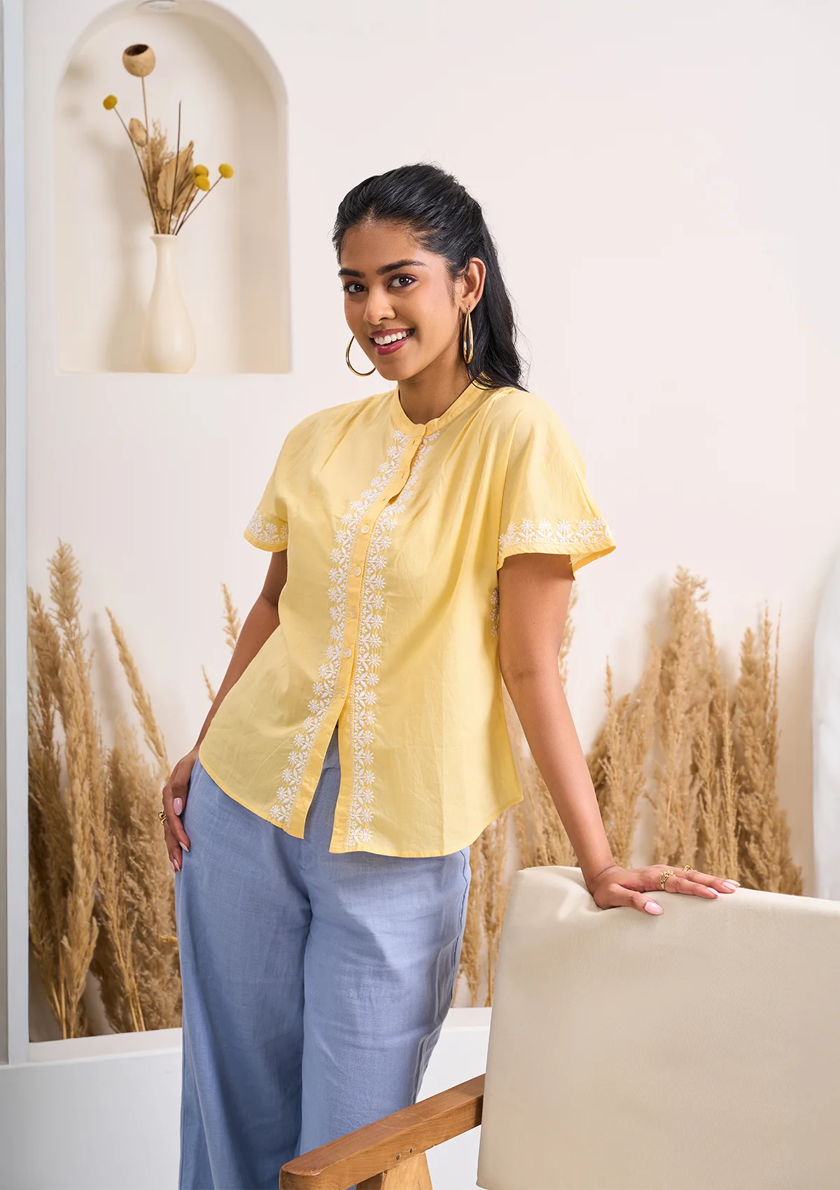 HOC Cotton Chikankari Solid Women's Shirt - Yellow - Healthber