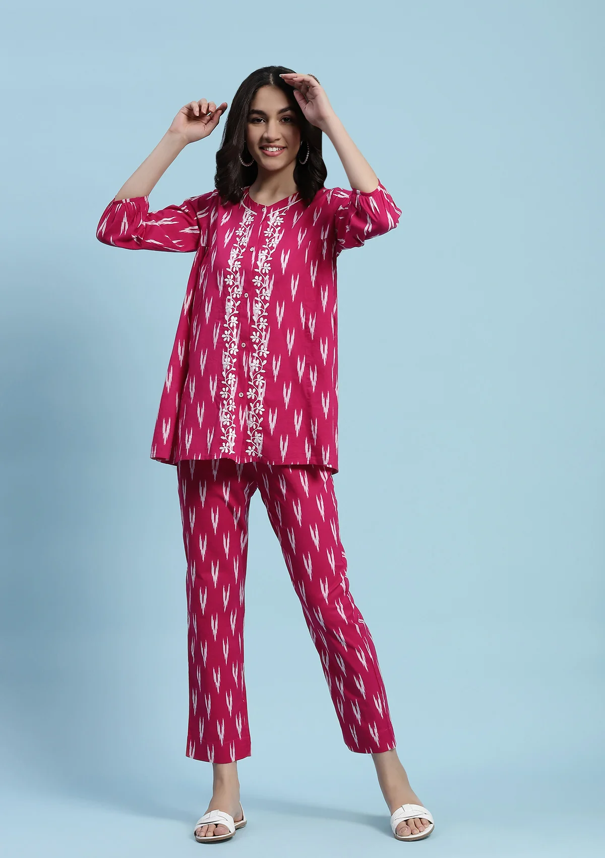 Cotton Chikankari Printed Women's 2 PC Co-ord Set - Pink - Healthber