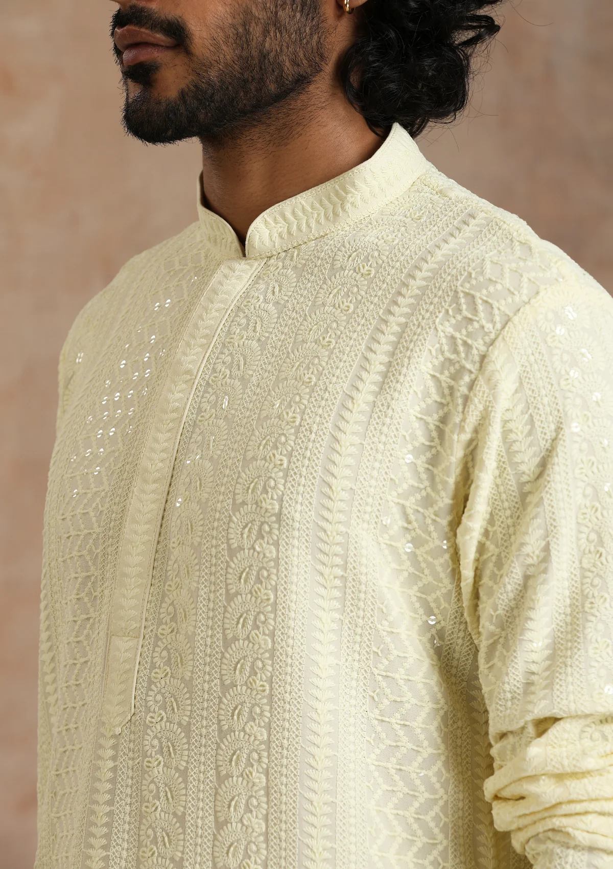 Rayon Schiffli Solid Men's Long Kurta- Cream - Healthber