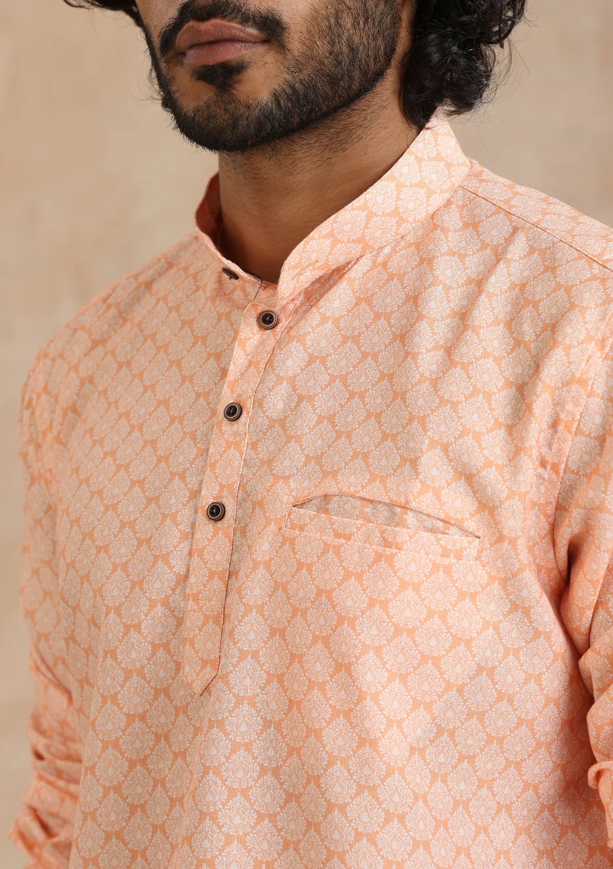 HOC Poly Cotton Printed Men's Short Kurta - Orange - Healthber