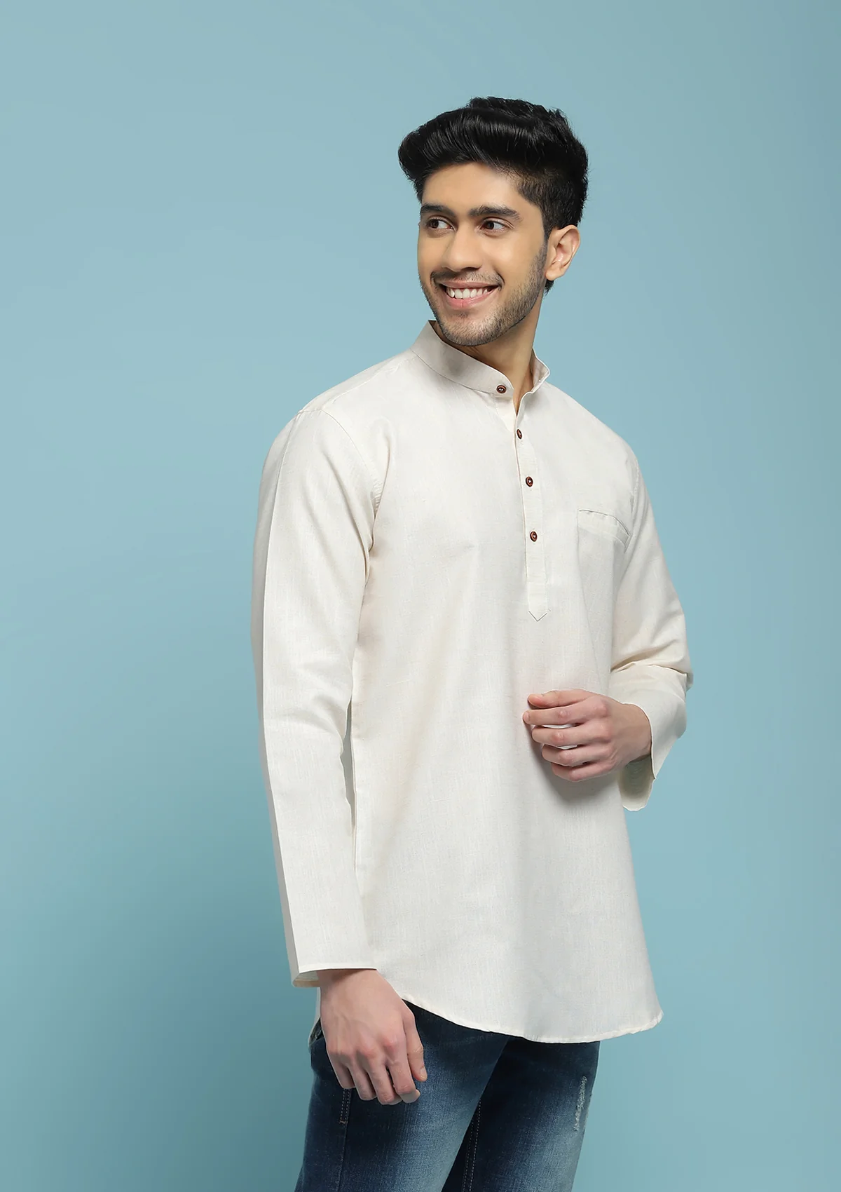 HOC Poly Cotton Solid Men's Short Kurta - Cream - Healthber