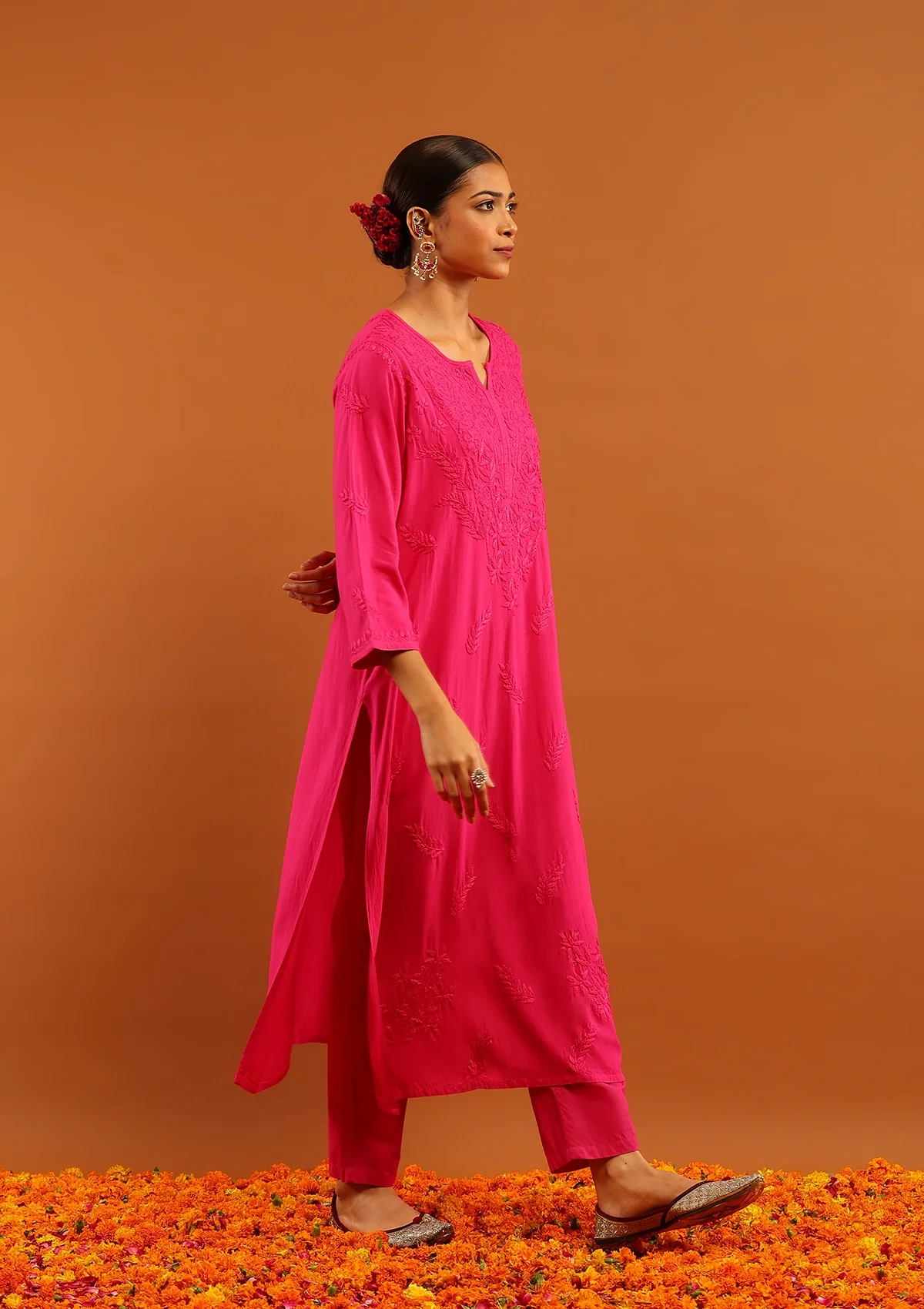 HOC Rayon Chikankari Solid Women's Long Kurta-Dark Pink - Healthber