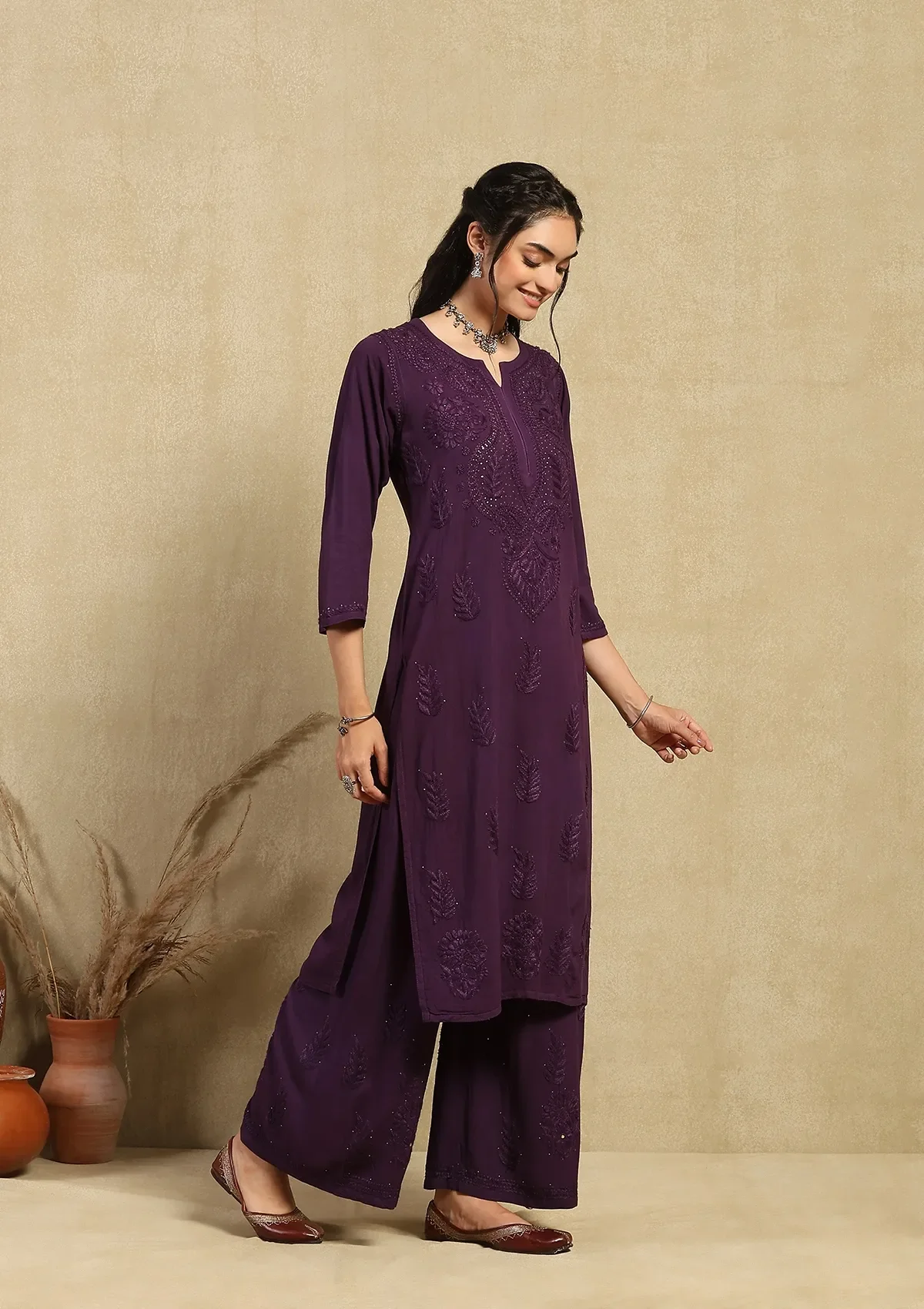 HOC Rayon Chikankari Mukaish Solid Women's 2PC Long Kurta Set -Dark Purple - Healthber