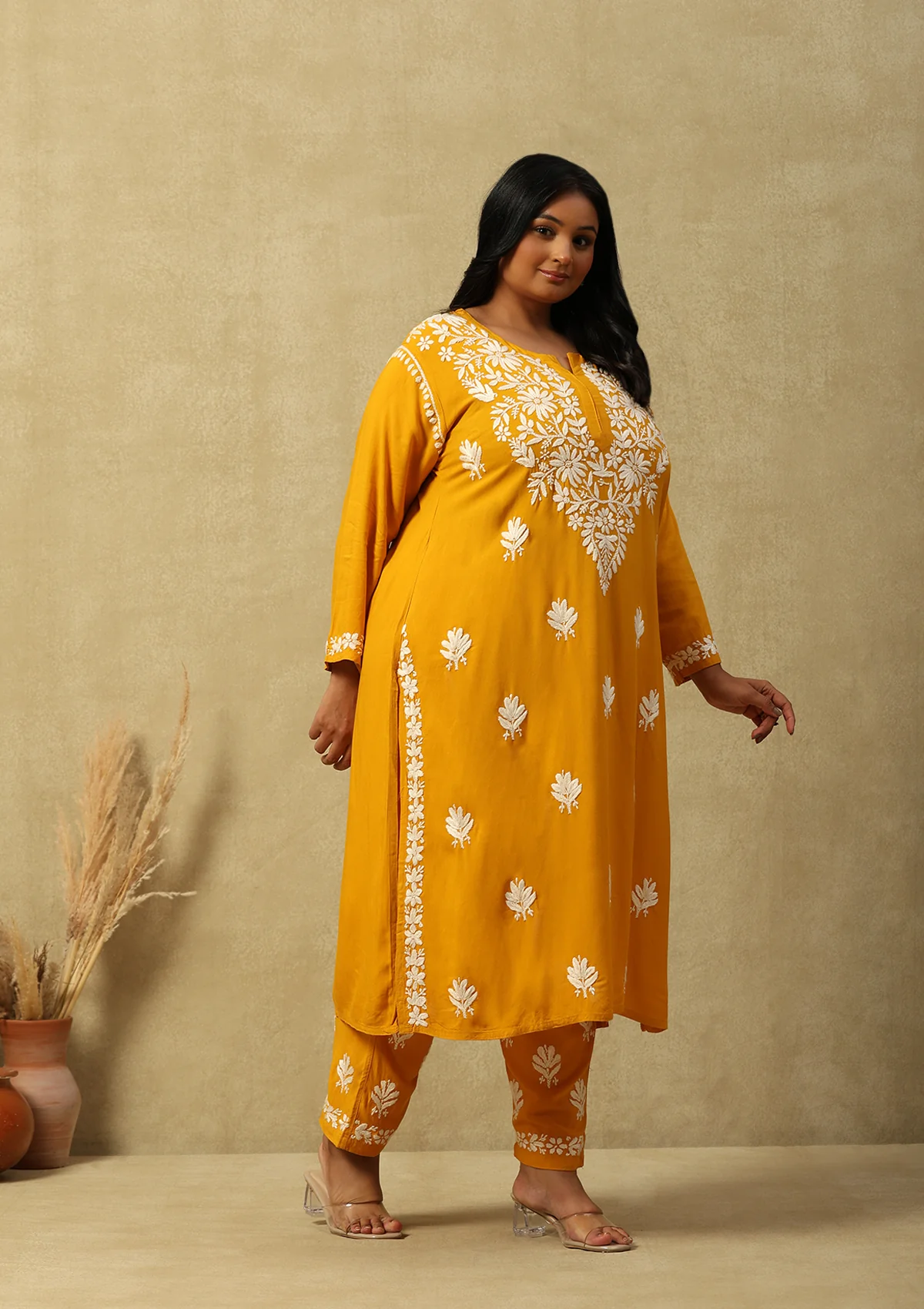 HOC Rayon Chikankari Solid Women's 2 PC Long Kurta Set- Mustard Yellow - Healthber