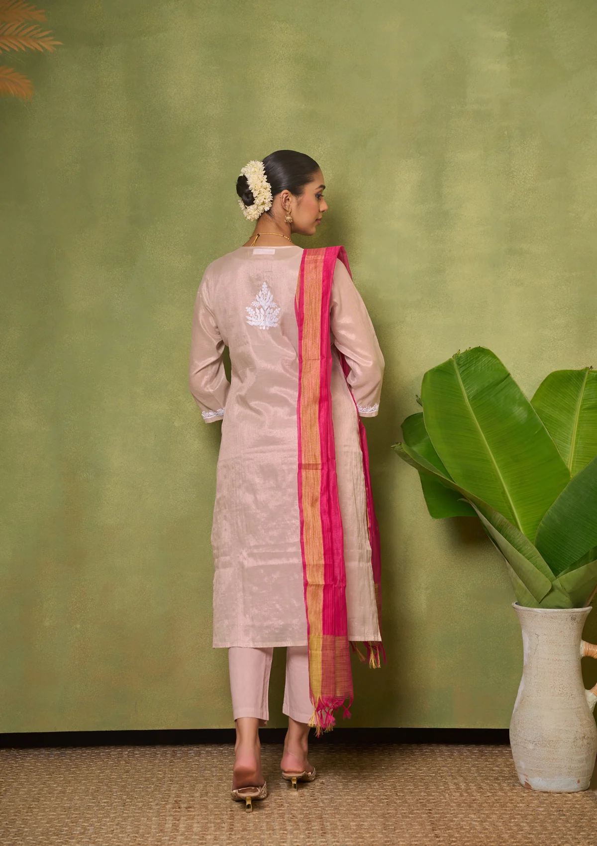 HOC Tissue Silk Chikankari Solid Women's 4 PC Long Kurta Set - Beige - Healthber