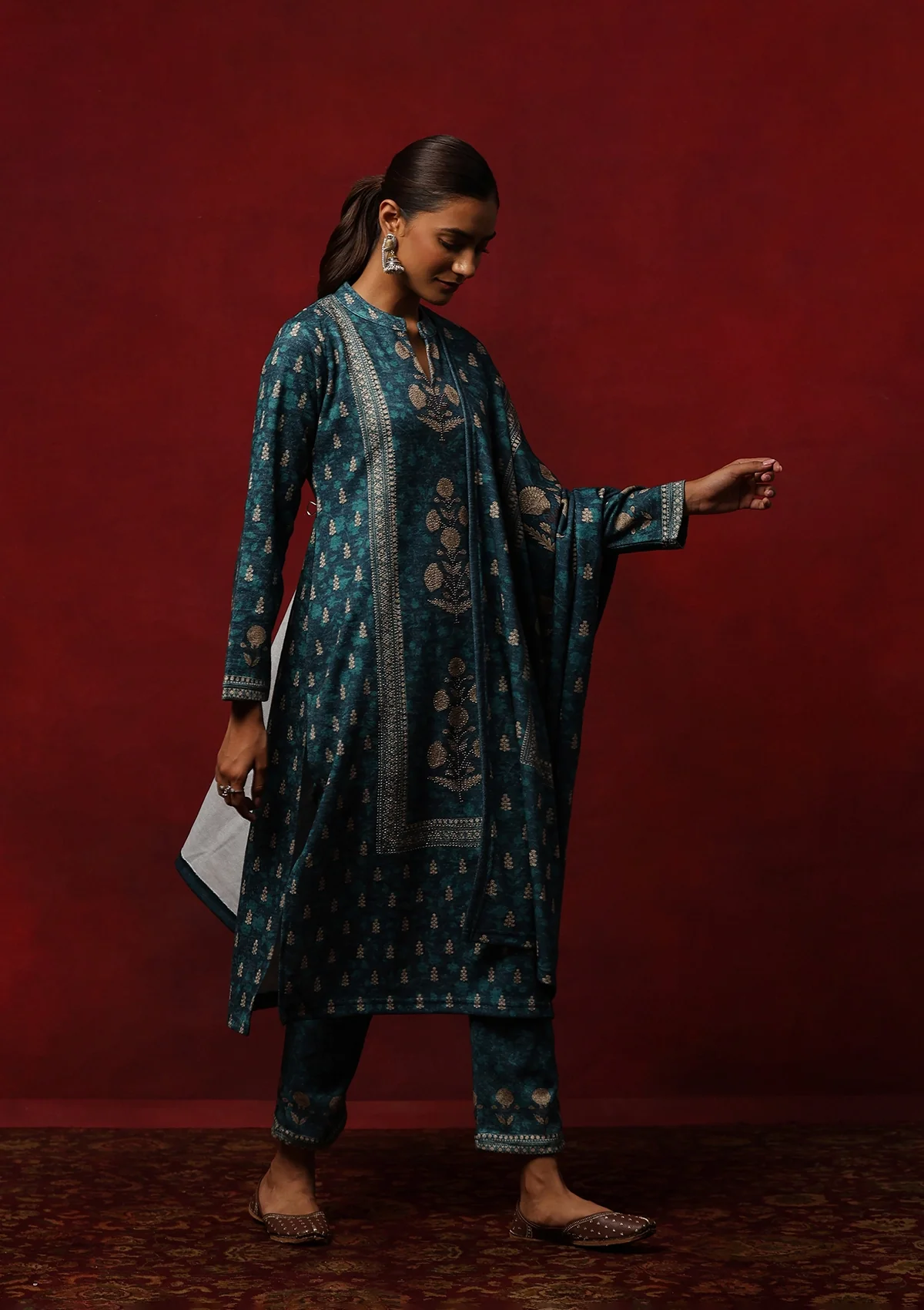 HOC Woollen Hand Embellished Printed Women's 3 PC Kurta Set - Teal Green - Healthber