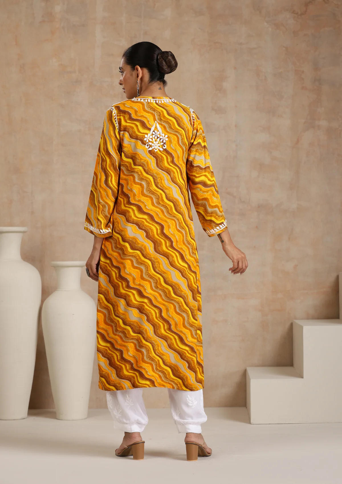 HOC Rayon Chikankari Printed Women's Long Kurta - Yellow - Healthber