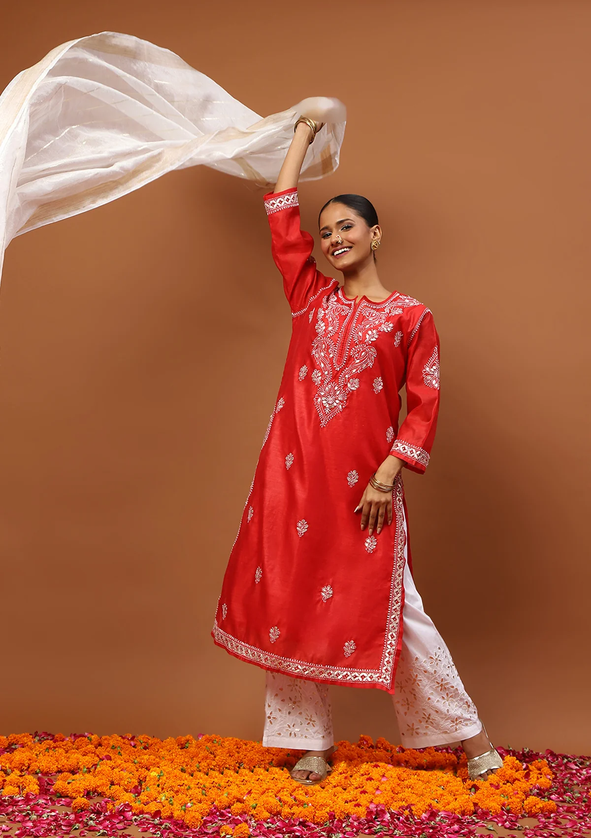 HOC Chanderi Chikankari Gota Work Solid Women's 4 PC Long Kurta Set-Red - Healthber