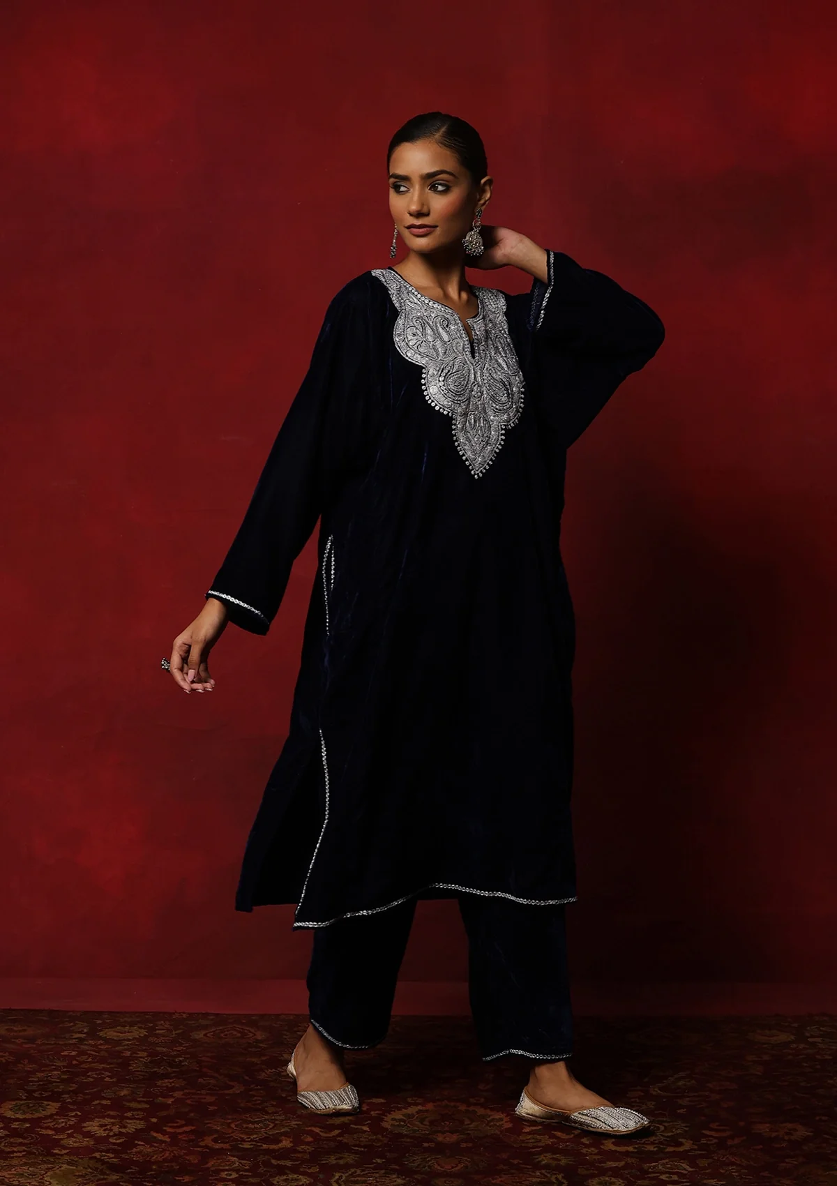 HOC Kashmiri Velvet Tilla Embroidered Solid Women's 2 PC Phiran Set -Navy Blue - Healthber