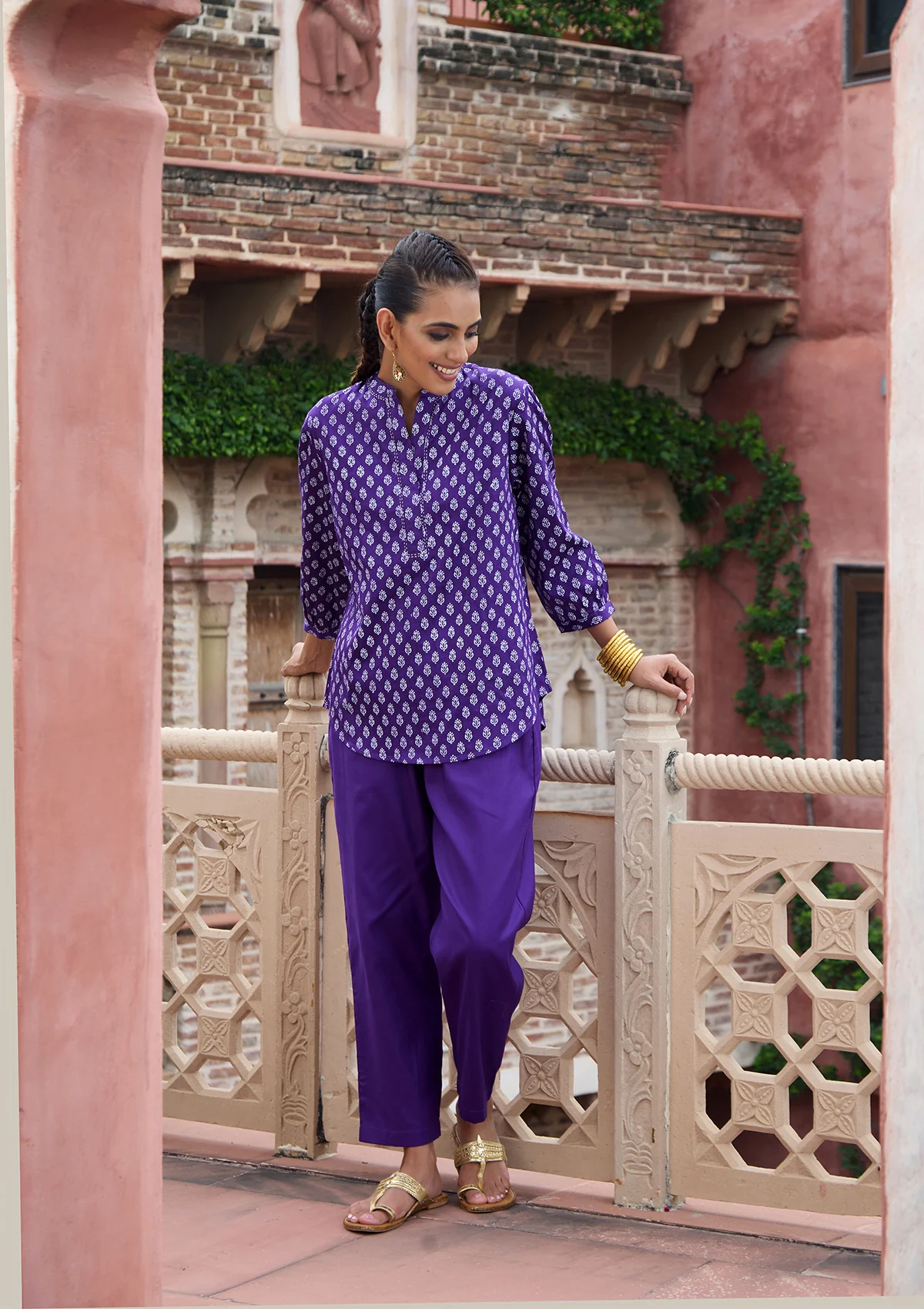 HOC Glazed Cotton Hand Block Printed with Hand Embroidery Women's 2 PC Co-ord Set - Dark Purple - Healthber