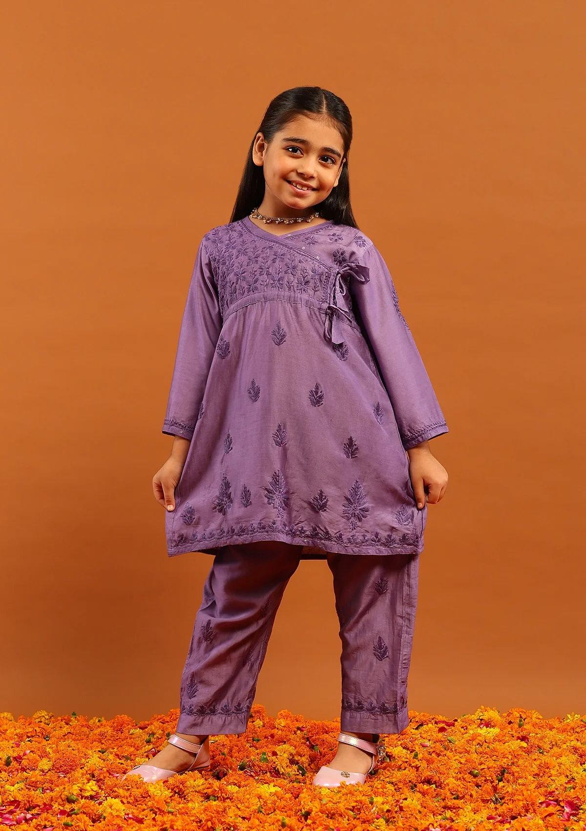 HOC Chanderi Chikankari Solid Girl's 2 PC Kurta Set Angrakha-Lavender - Healthber