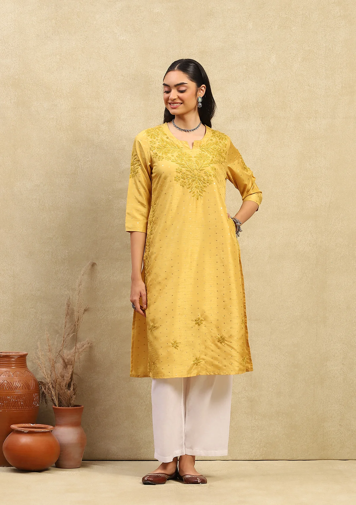 HOC Chanderi Chikankari Printed Women's Long Kurta - Yellow - Healthber