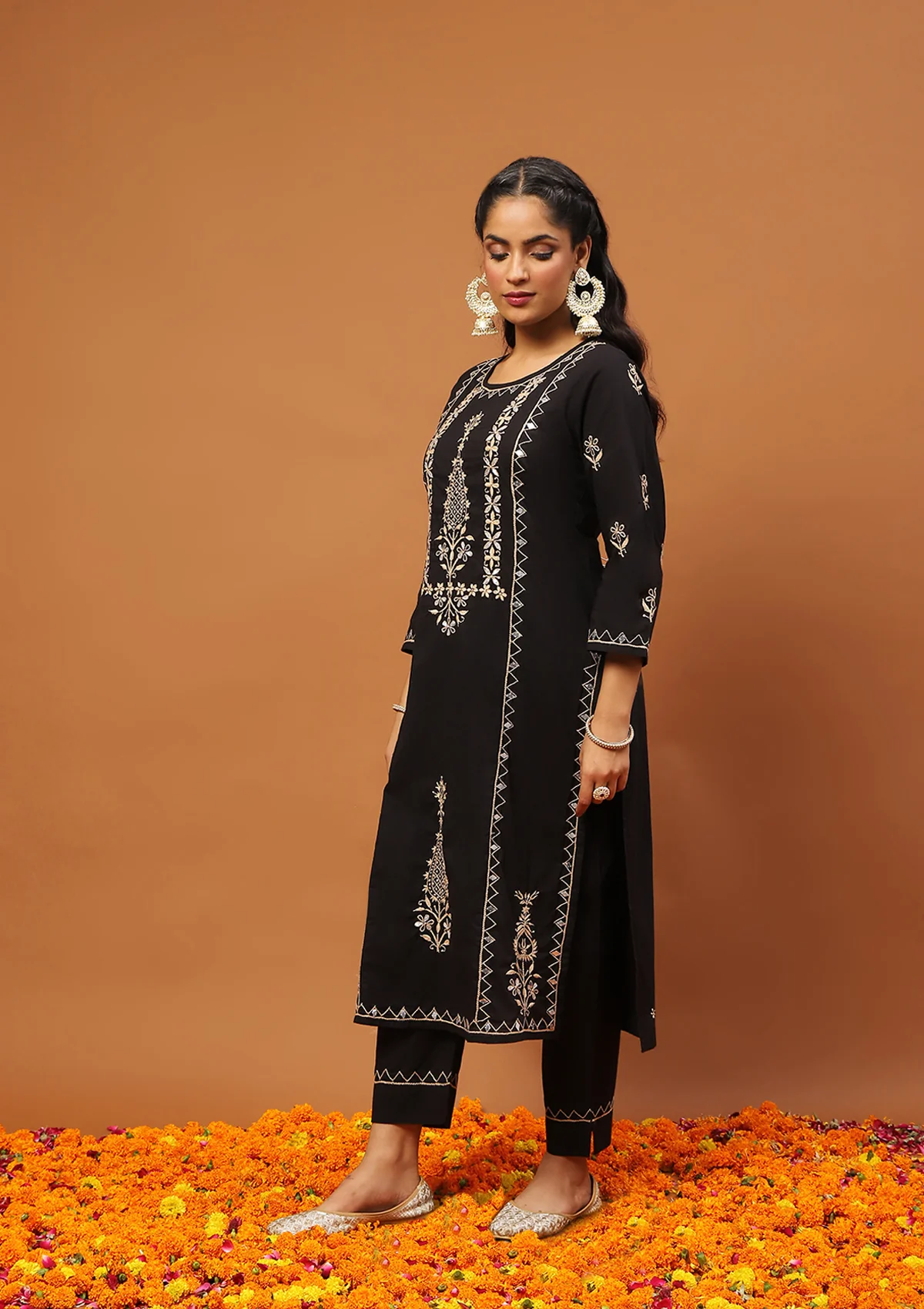 HOC Cotton Chikankari Gota Work Solid Women's 2PC Long Kurta Set -Black - Healthber