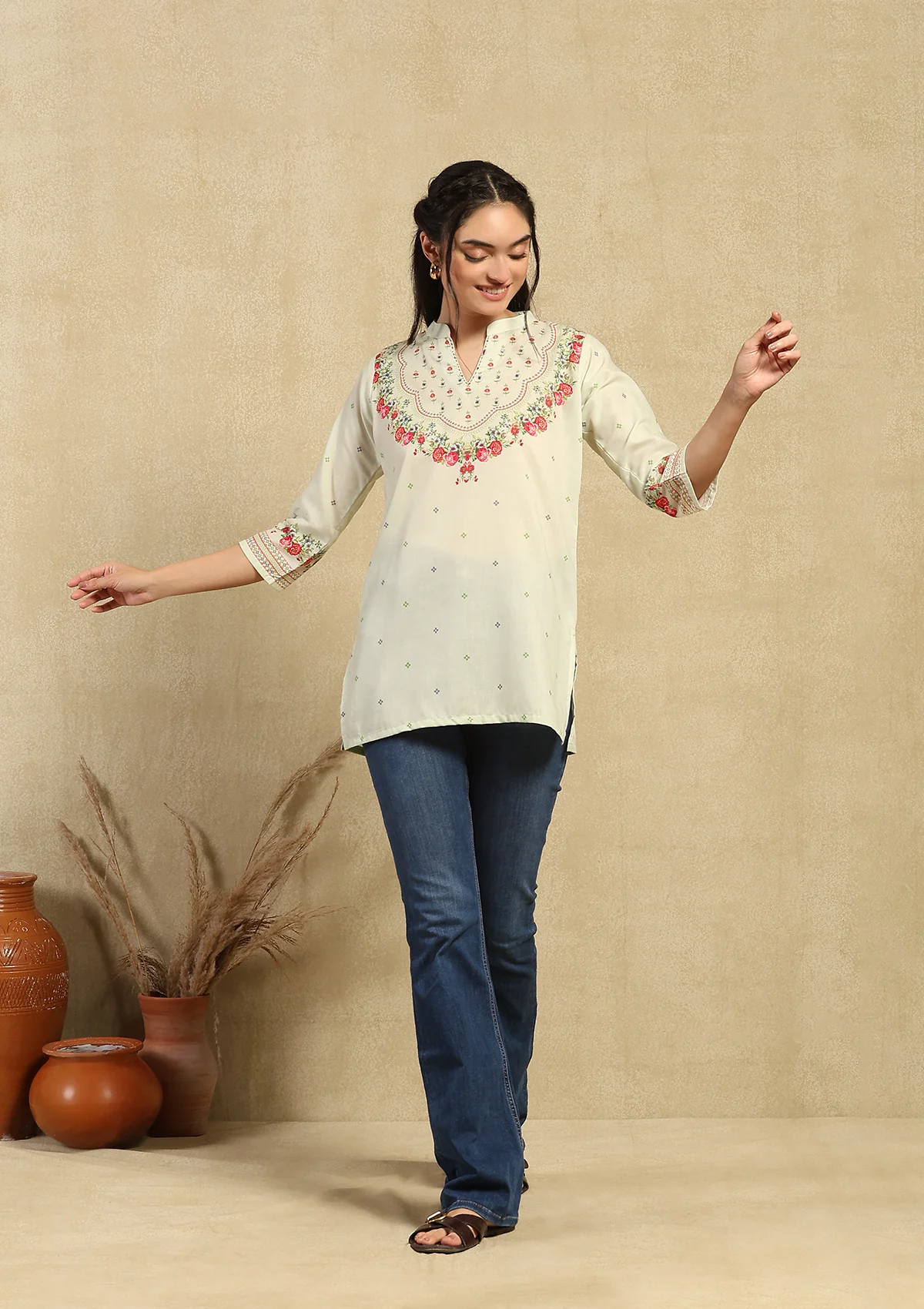 HOC Kantha Hand Embellished Cotton Blend Printed Women's Short Kurta - Pista Green - Healthber