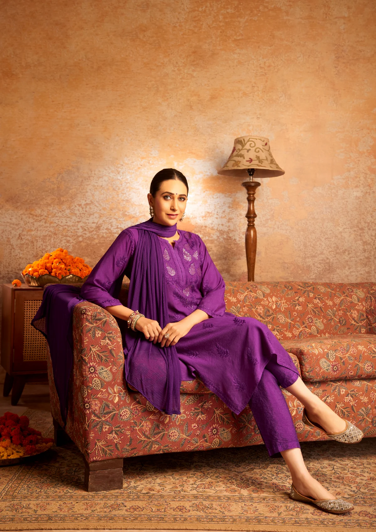 Karisma Chanderi Chikankari with Mukaish Solid Women's 2 PC Long Kurta Set- Purple - Healthber