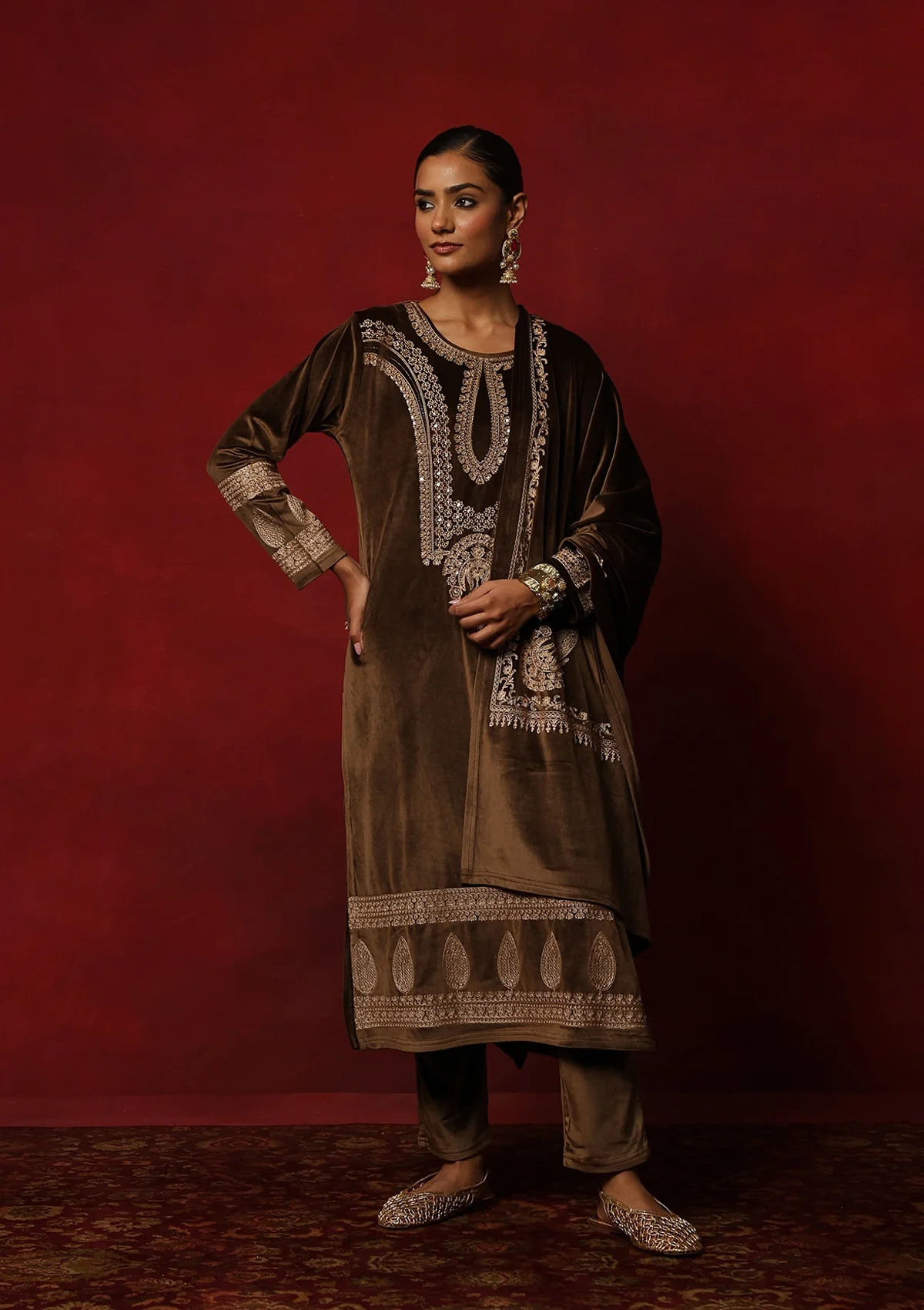 HOC Velvet Embroidered & Embellished Solid Women's 3 PC Kurta Set- Brown - Healthber